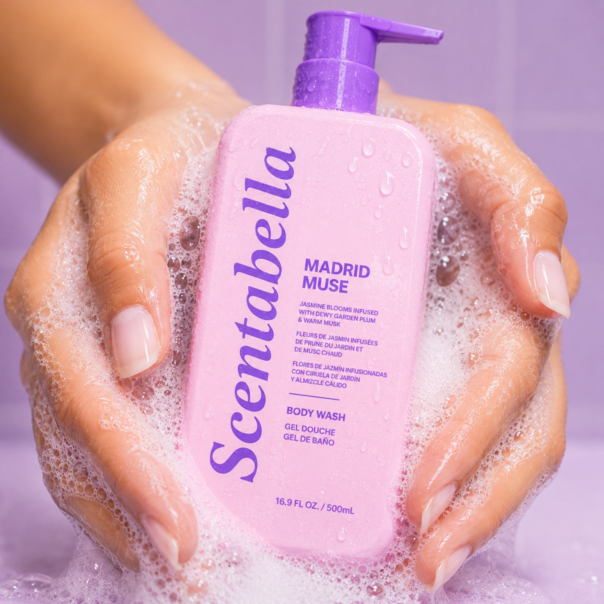 Scentabella Madrid Muse body wash with jasmine plum and warm musk in pink pump bottle