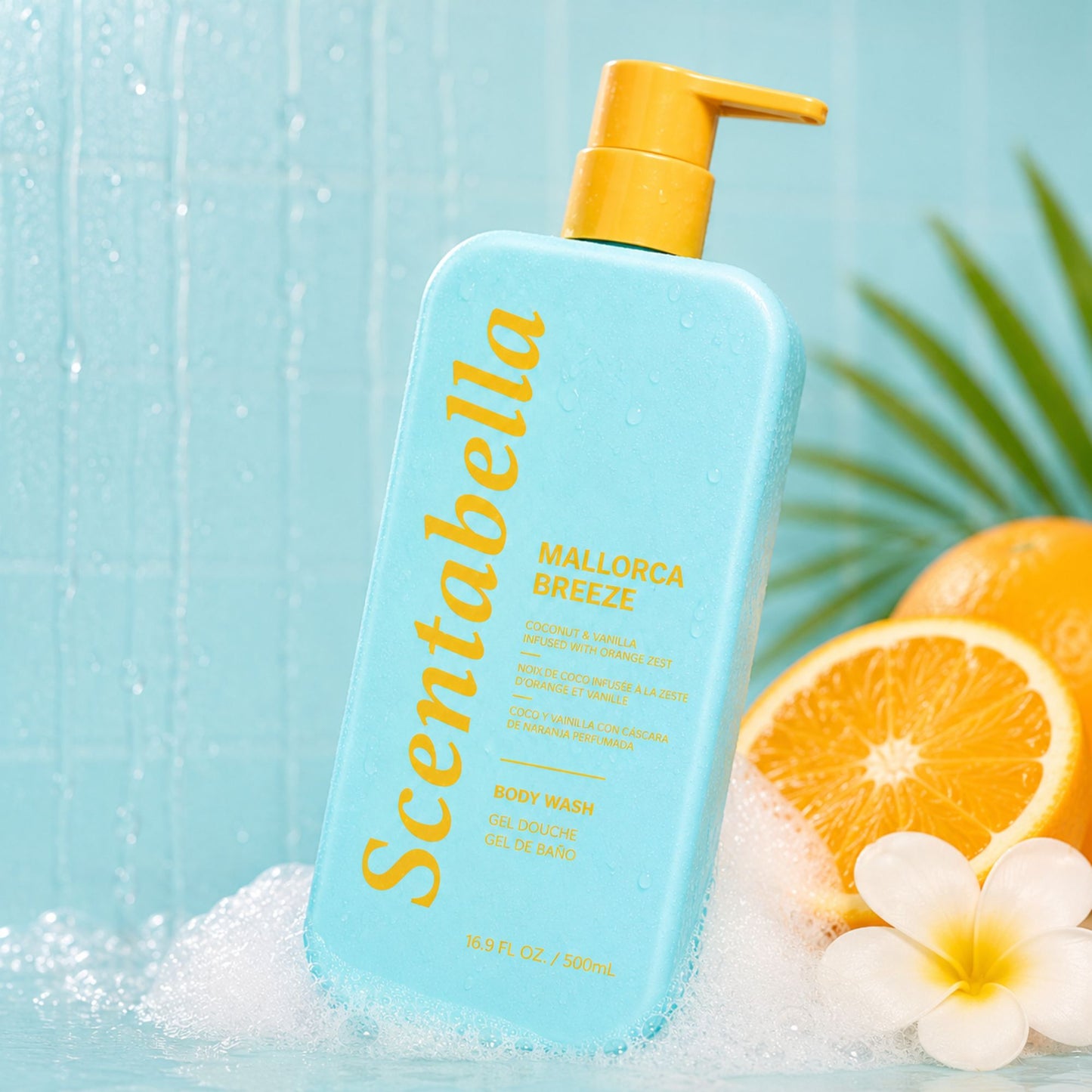 Scentabella Mallorca Breeze body wash with coconut vanilla and orange zest in blue pump bottle