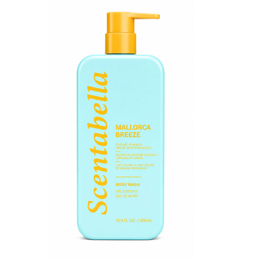 Scentabella Mallorca Breeze body wash with coconut vanilla and orange zest in blue pump bottle