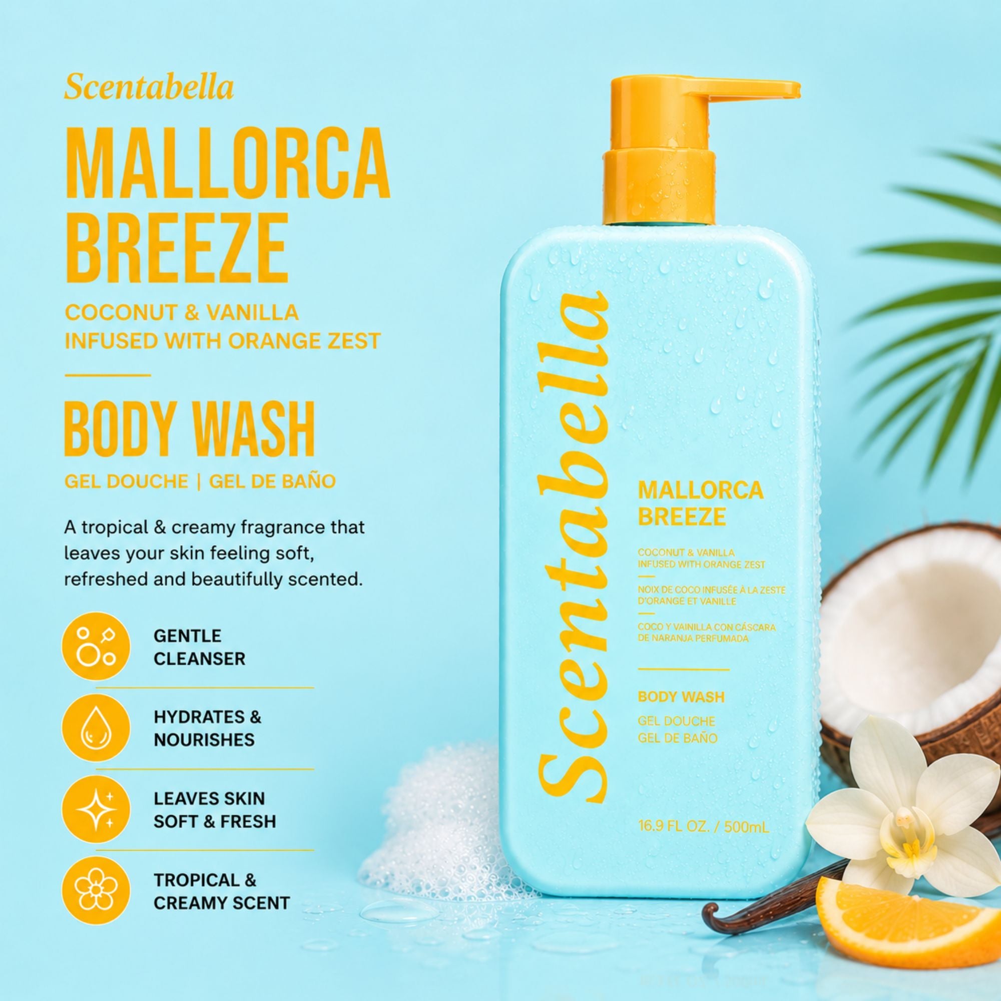 Scentabella Mallorca Breeze body wash with coconut vanilla and orange zest in blue pump bottle