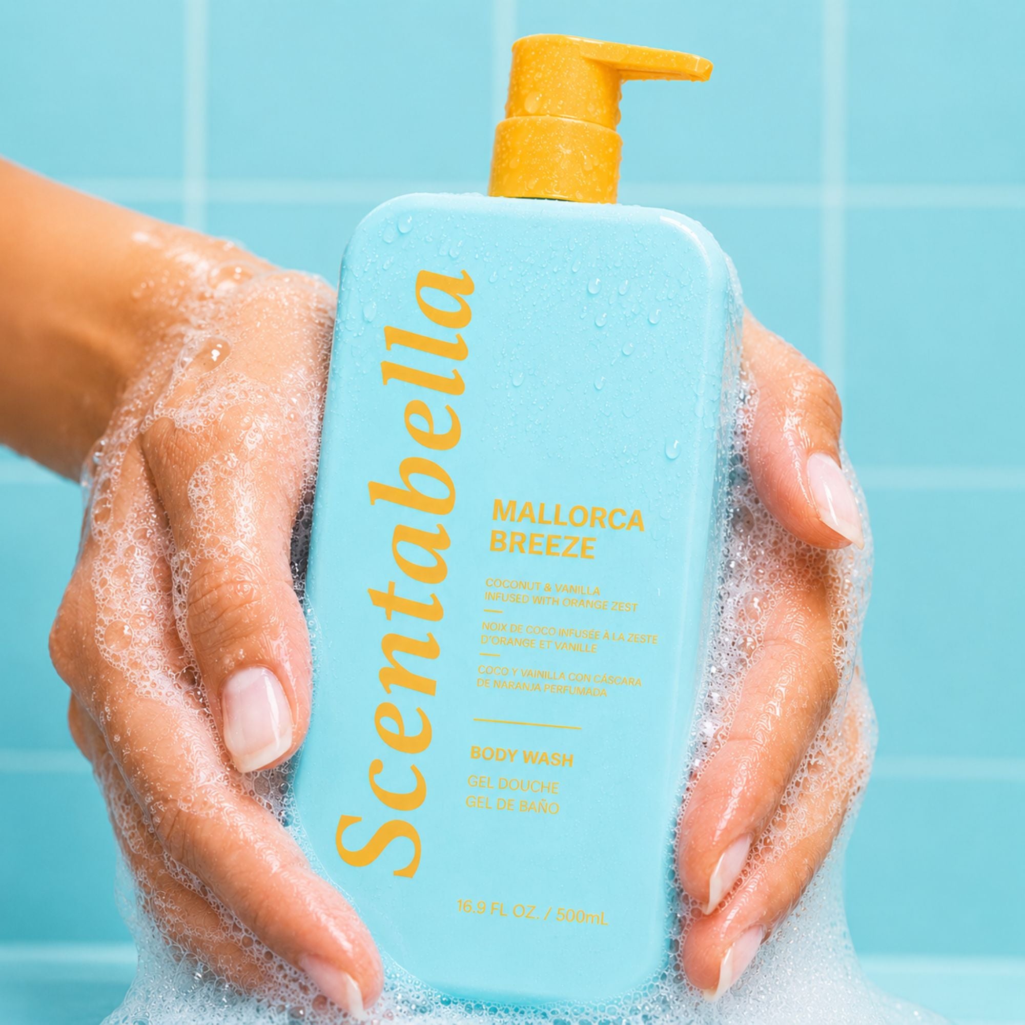 Scentabella Mallorca Breeze body wash with coconut vanilla and orange zest in blue pump bottle