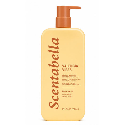 Scentabella Valencia Vibes body wash with almond jasmine and vanilla in pump bottle