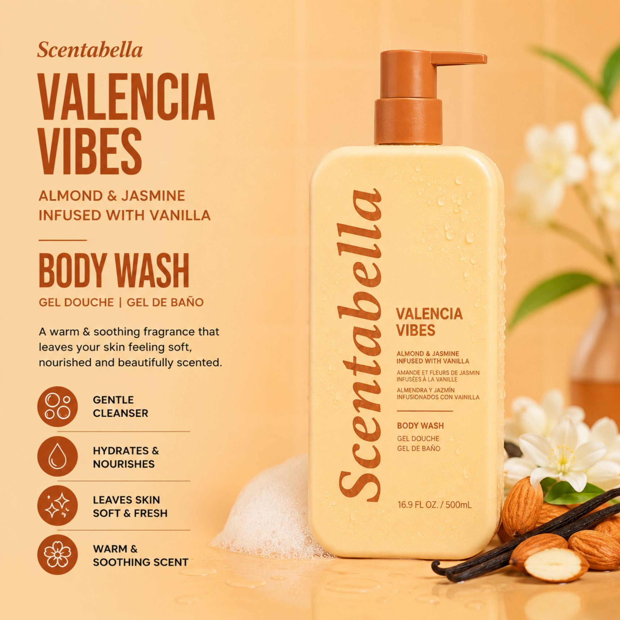 Scentabella Valencia Vibes body wash with almond jasmine and vanilla in pump bottle