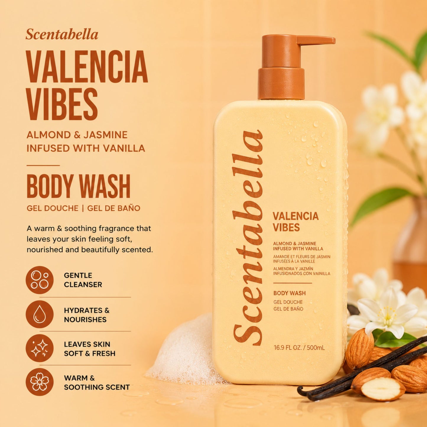 Scentabella Valencia Vibes body wash with almond jasmine and vanilla in pump bottle