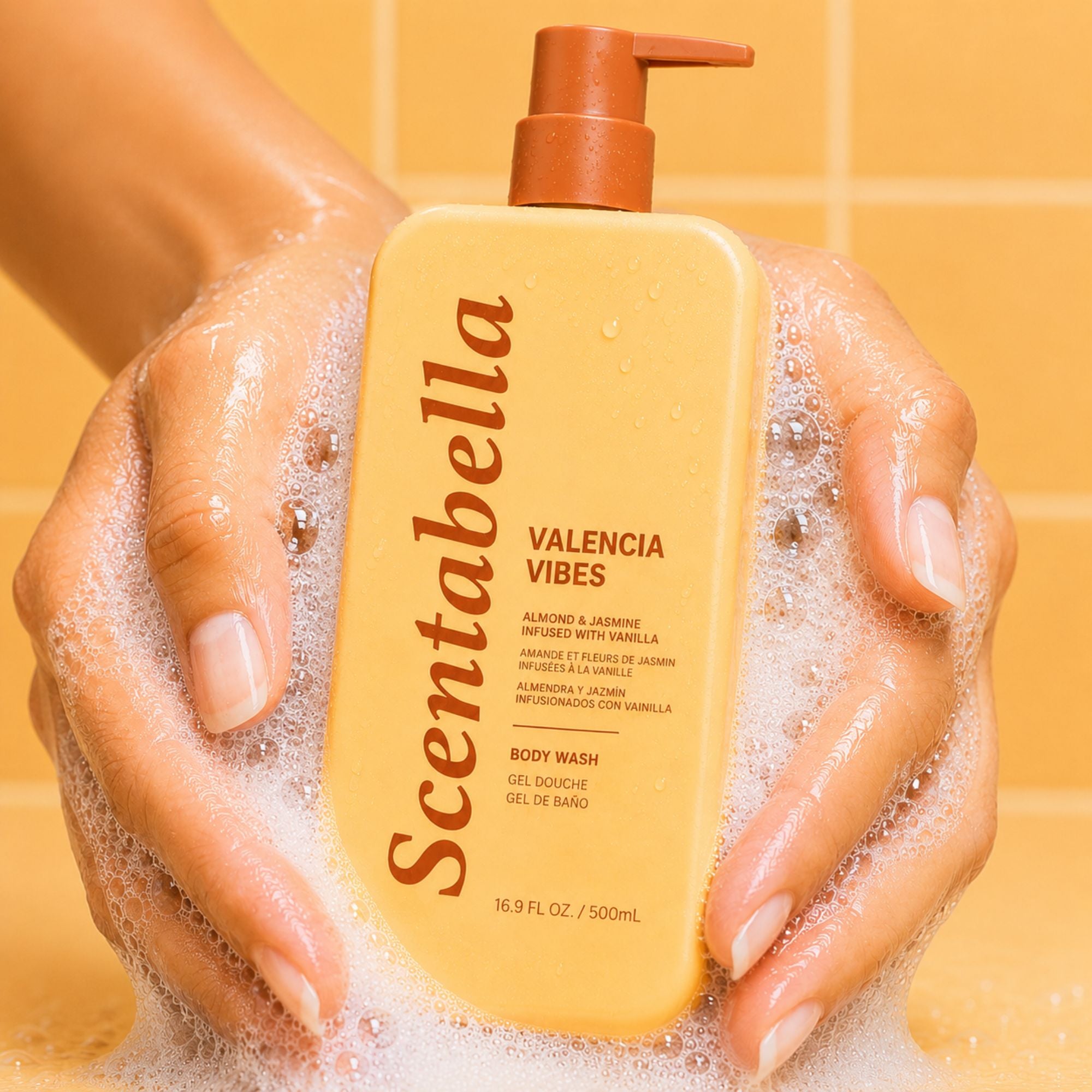 Scentabella Valencia Vibes body wash with almond jasmine and vanilla in pump bottle