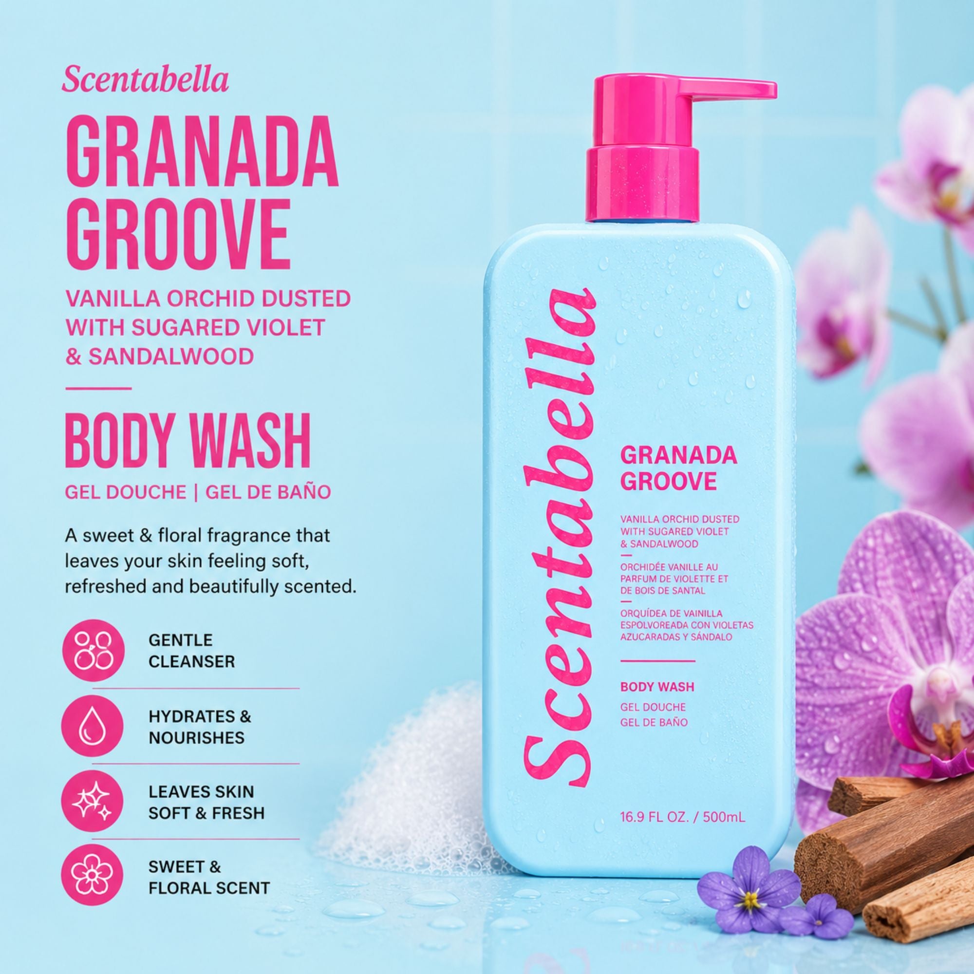 Scentabella Granada Groove body wash with vanilla orchid violet and sandalwood in pump bottle