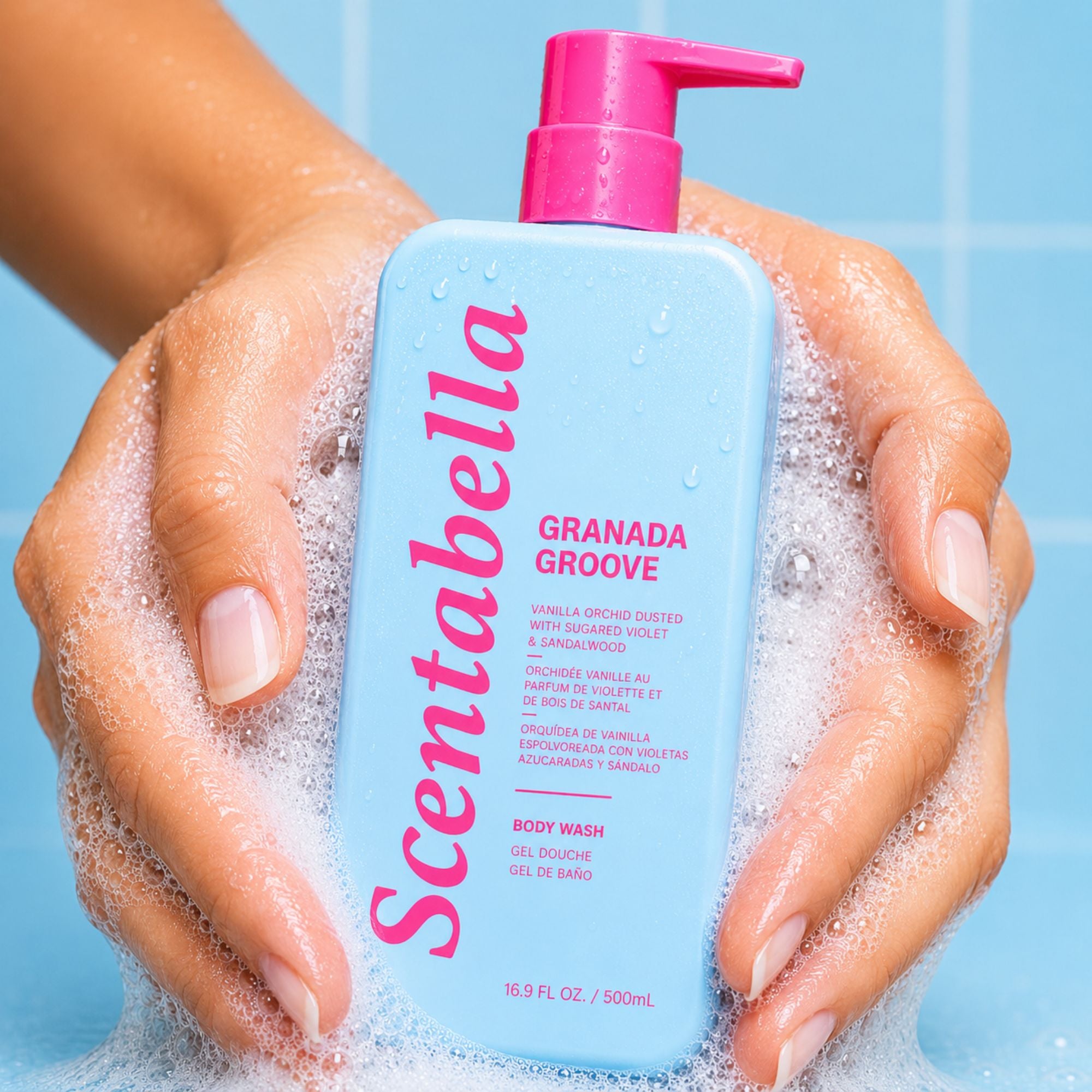 Scentabella Granada Groove body wash with vanilla orchid violet and sandalwood in pump bottle
