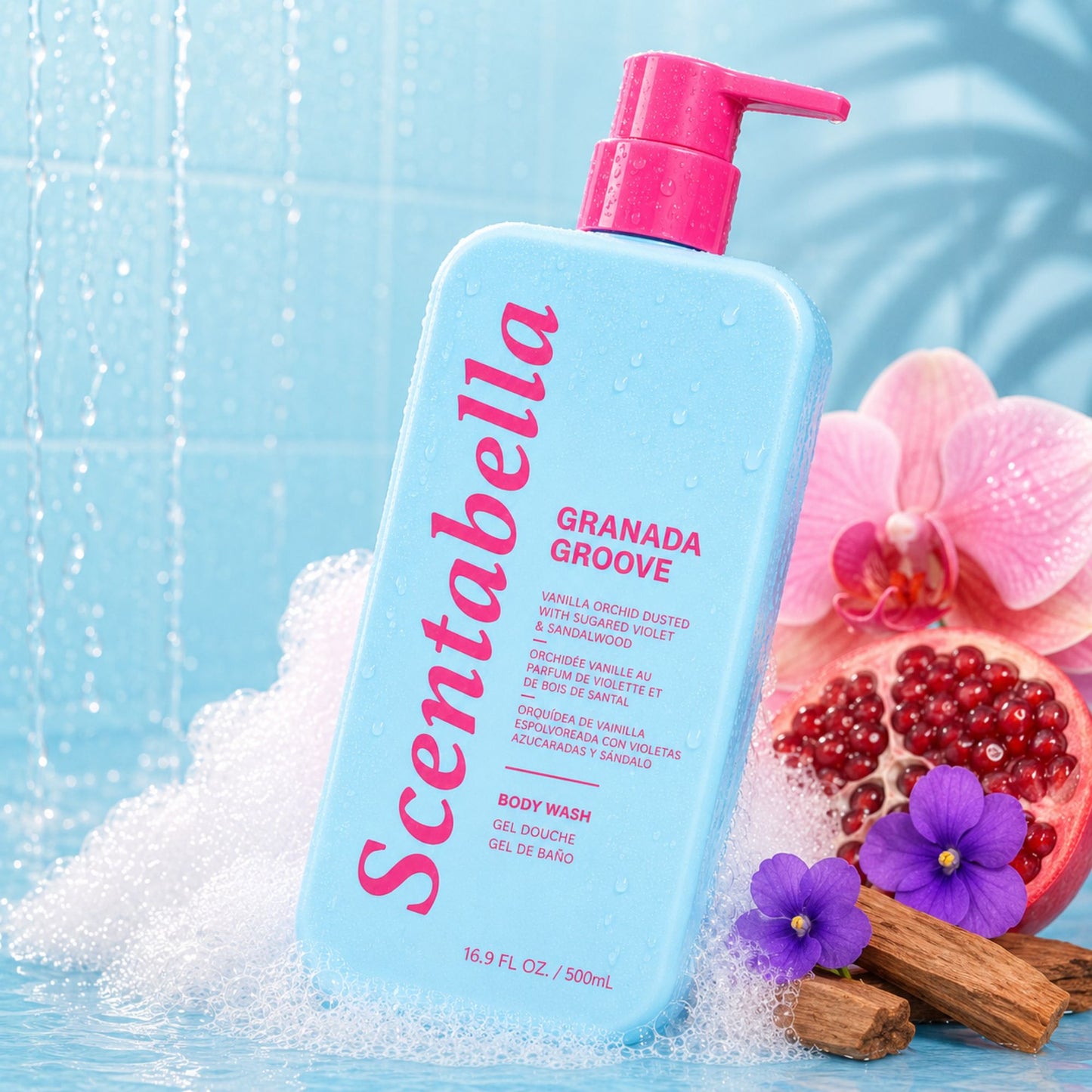 Scentabella Granada Groove body wash with vanilla orchid violet and sandalwood in pump bottle