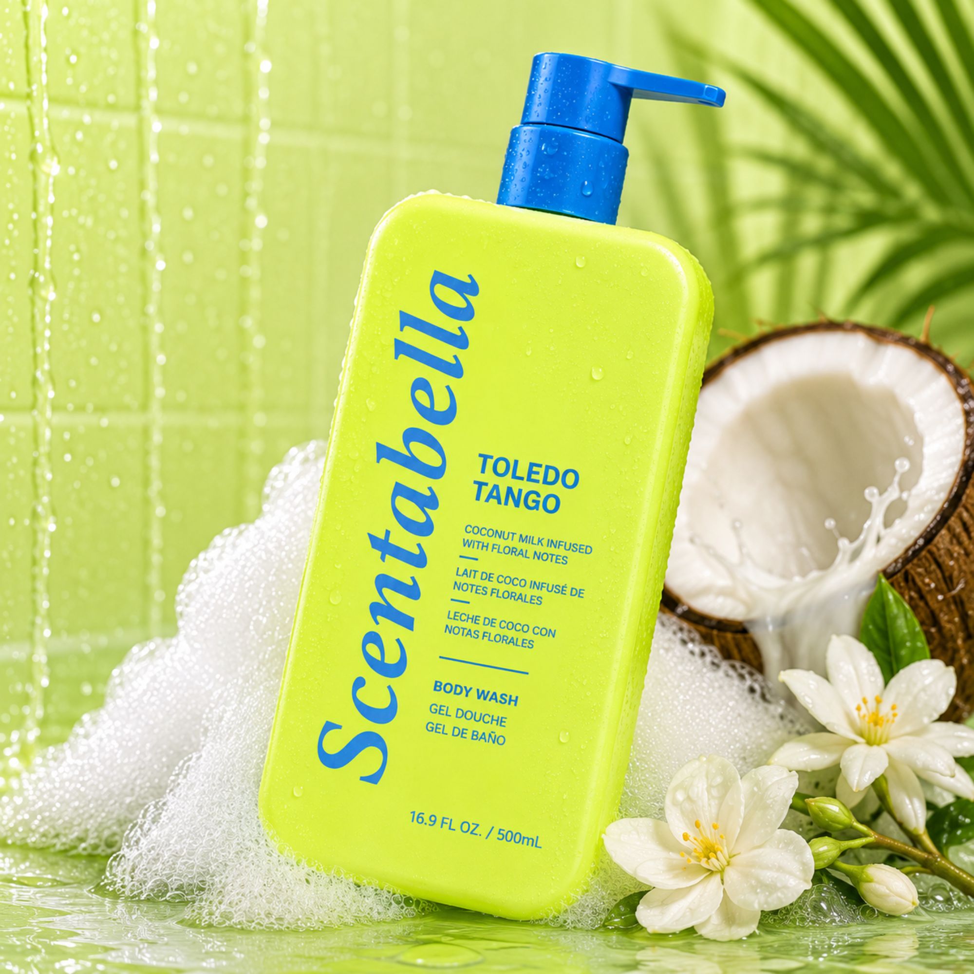 Scentabella Toledo Tango body wash with coconut milk and floral notes in pump bottle