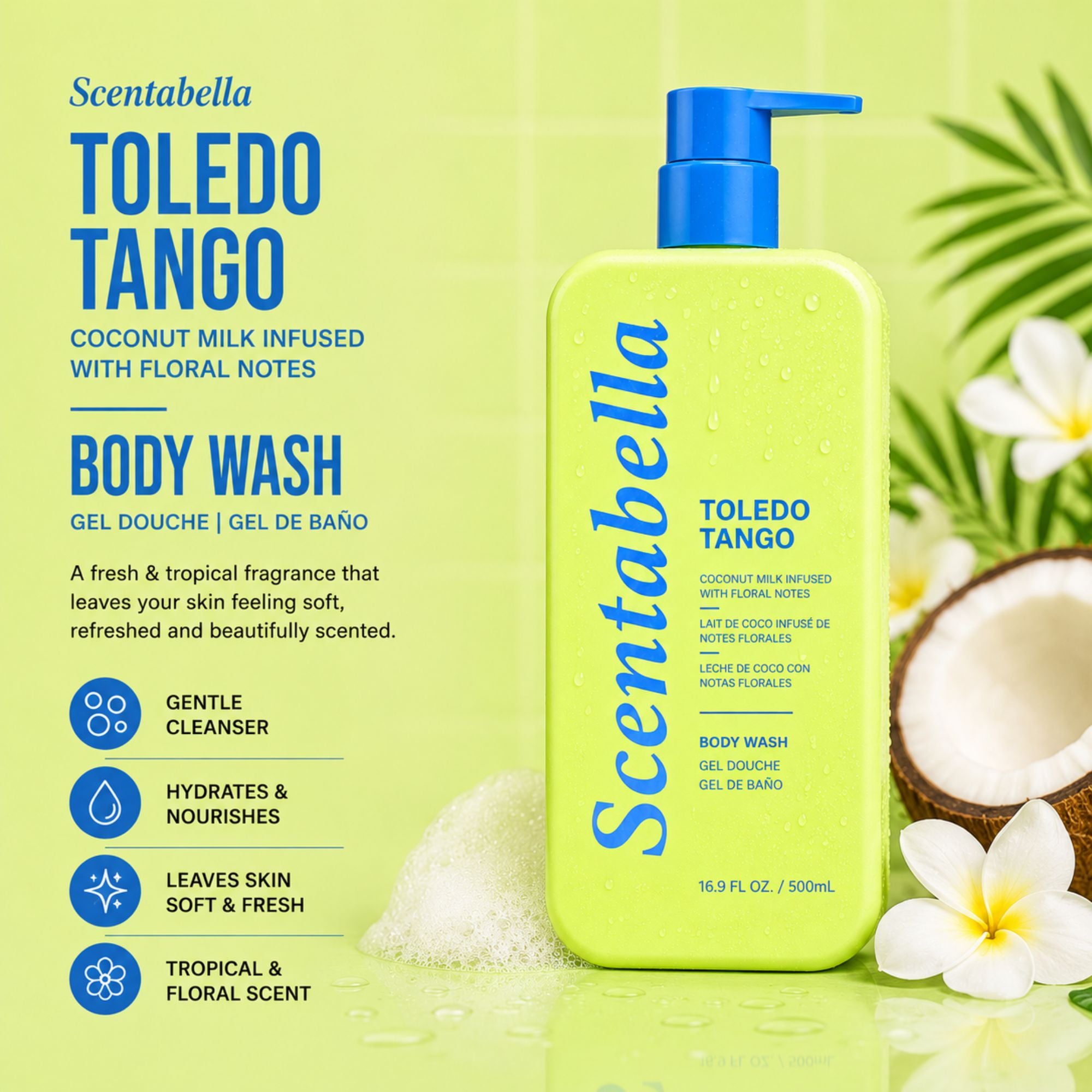 Scentabella Toledo Tango body wash with coconut milk and floral notes in pump bottle