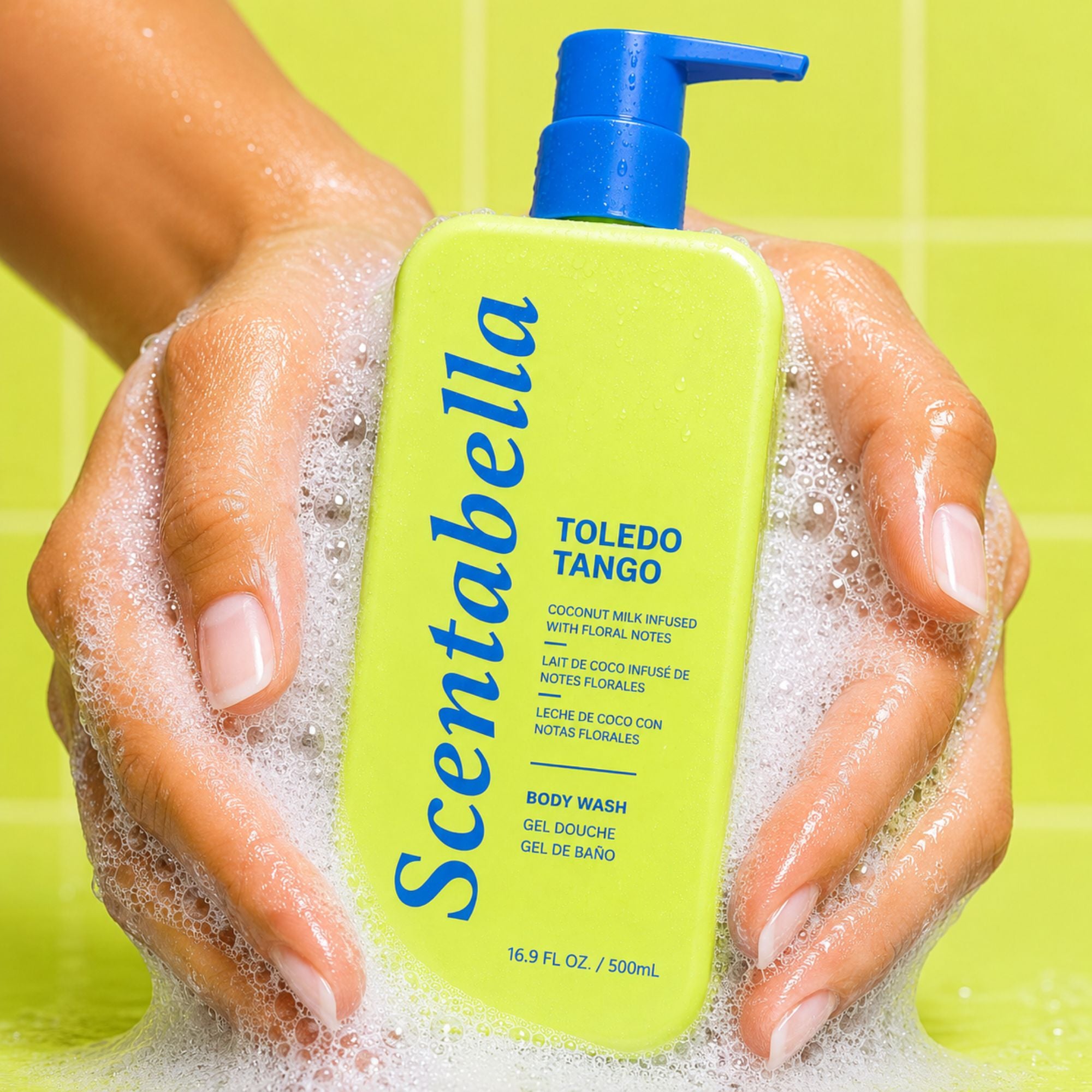 Scentabella Toledo Tango body wash with coconut milk and floral notes in pump bottle