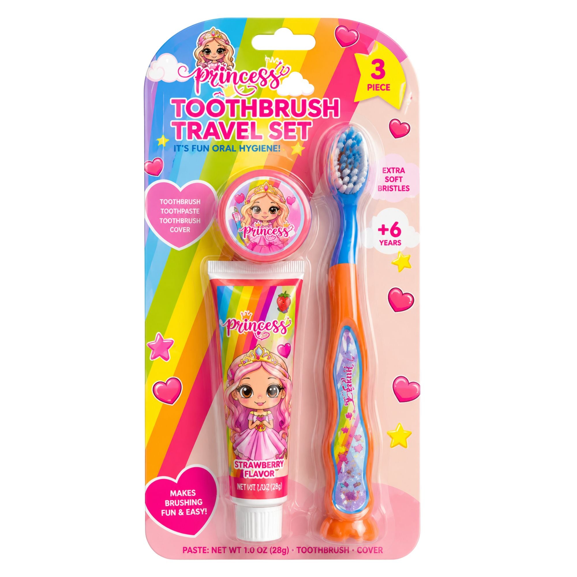 3 Piece Princess Toothbrush Travel Set for Kids Oral Care Kit