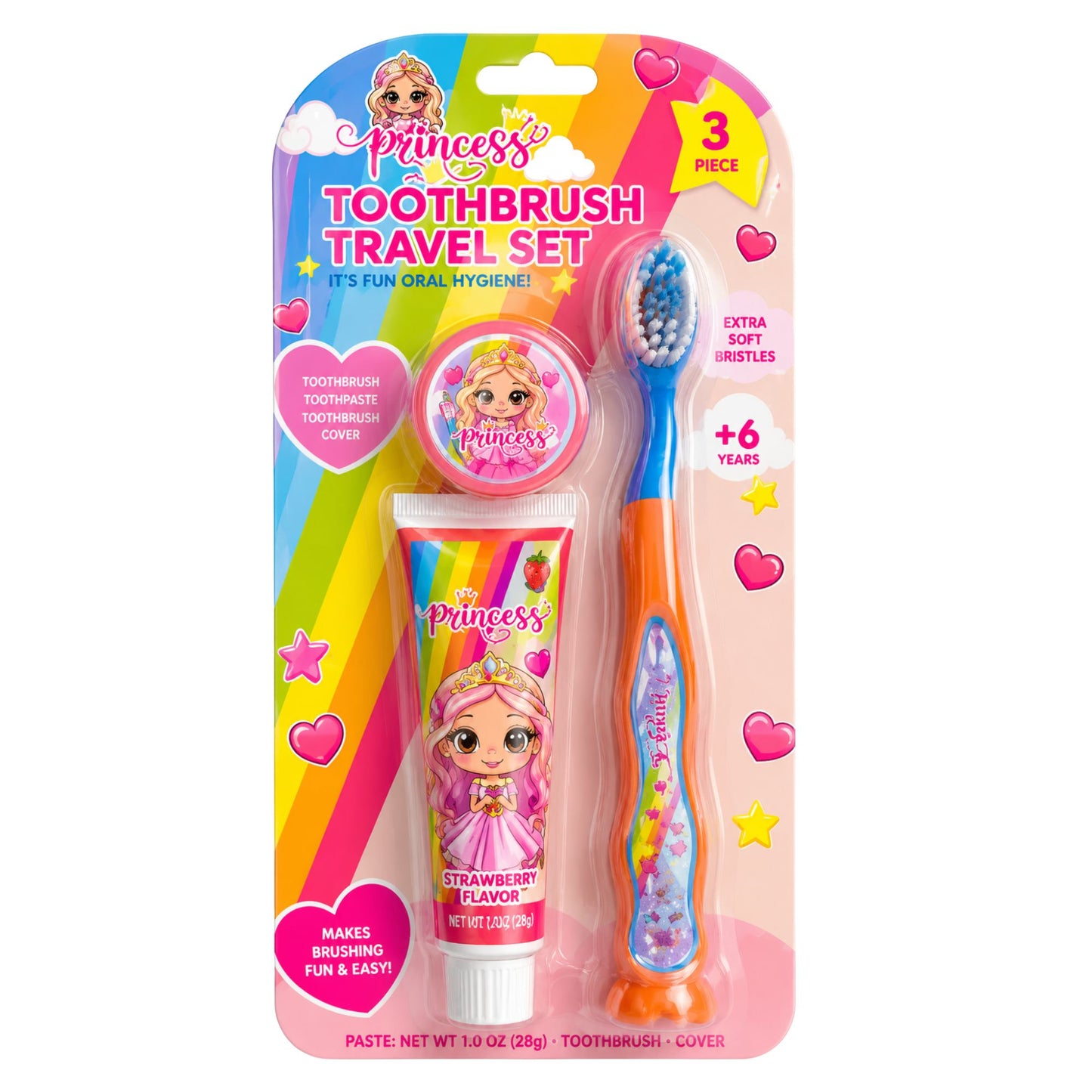 3 Piece Princess Toothbrush Travel Set for Kids Oral Care Kit