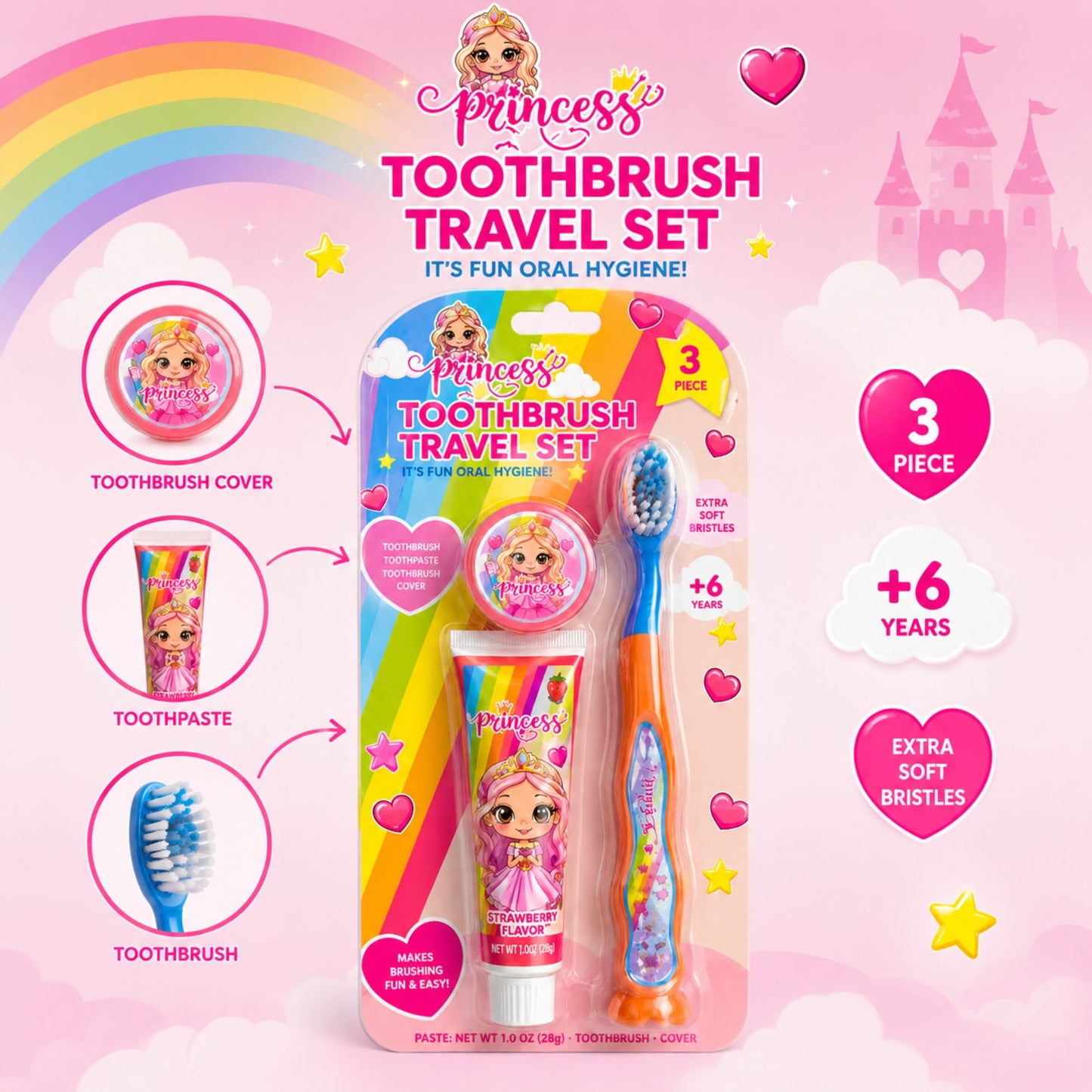 3 Piece Princess Oral Care Travel Set with Toothbrush Kit