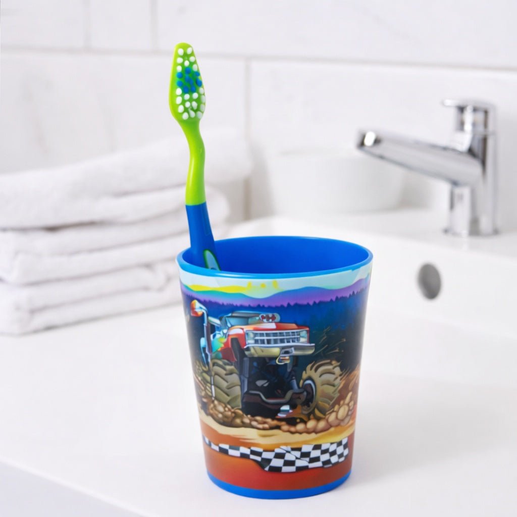 Oral Fusion Kids Toothbrush 3PK w/ Cup Monster Truck Kids Toothbrush Set product detail image
