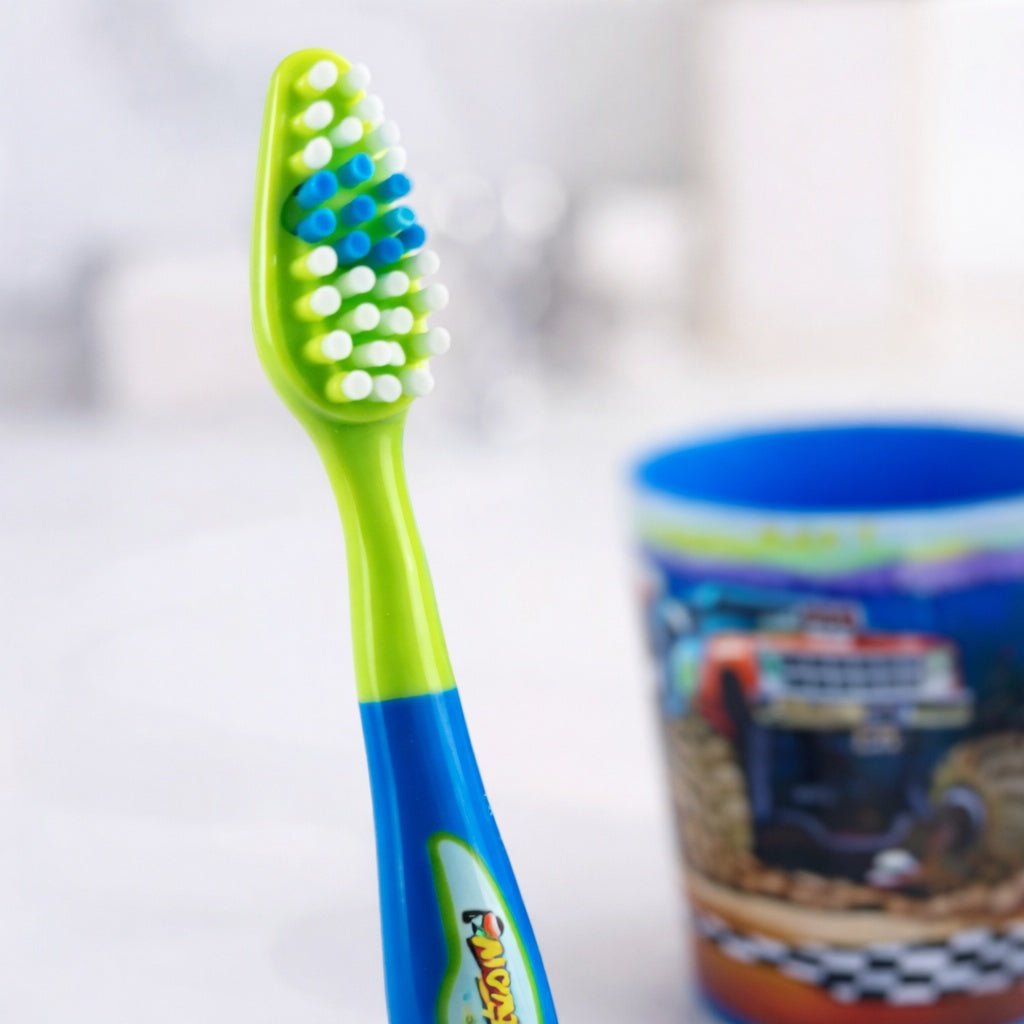 Oral Fusion Kids Toothbrush 3PK w/ Cup Monster Truck Kids Toothbrush Set size and feature image