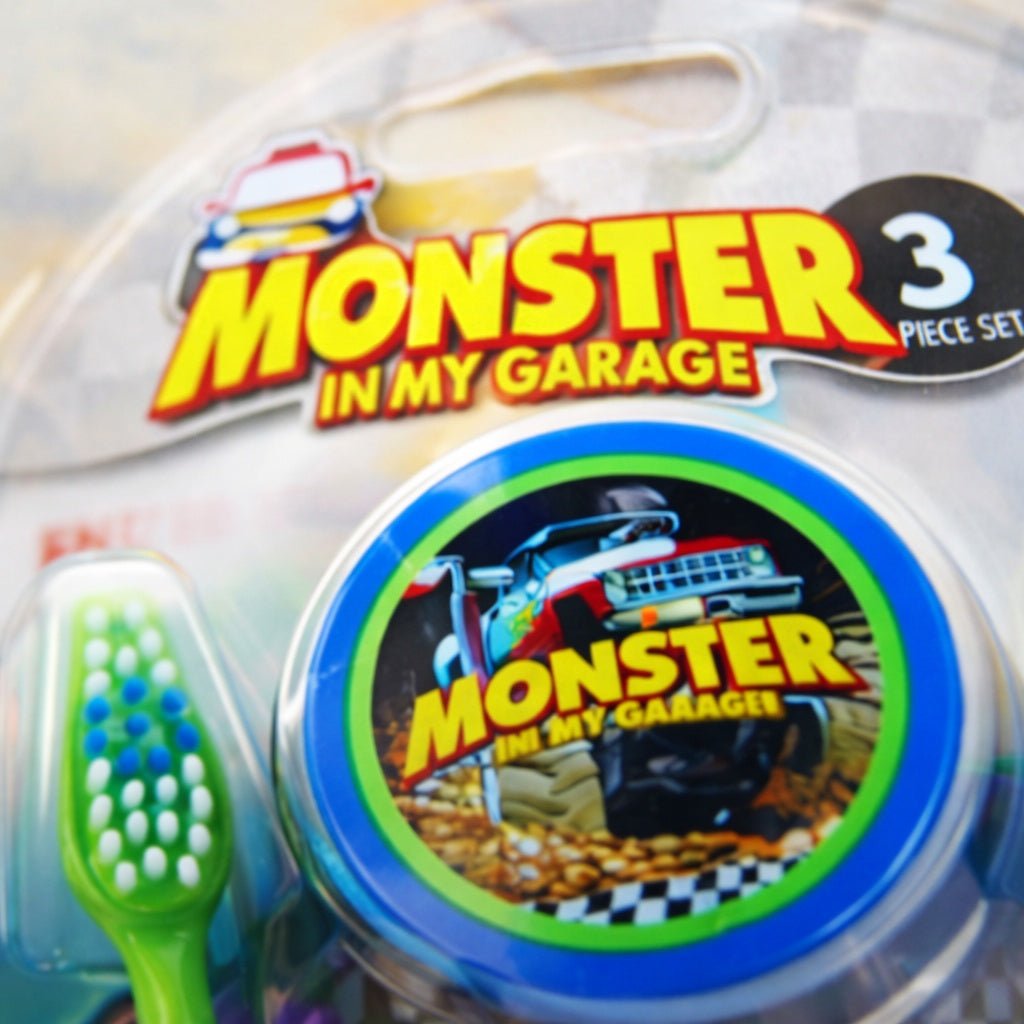 Oral Fusion Kids Toothbrush 3PK w/ Cup Monster Truck Kids Toothbrush Set lifestyle use image