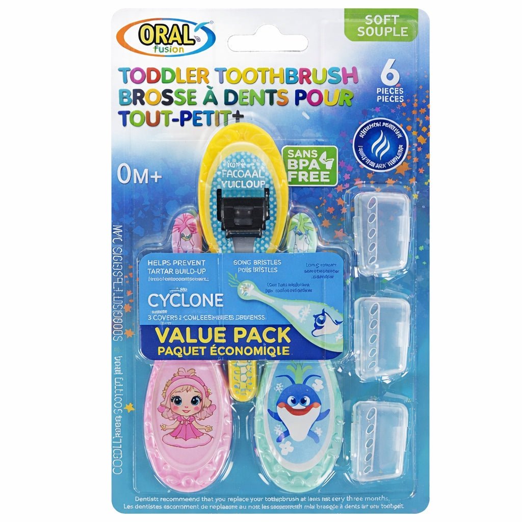 Oral-B Junior toddler toothbrush set packaging with multiple toothbrushes and accessories on a blue background.