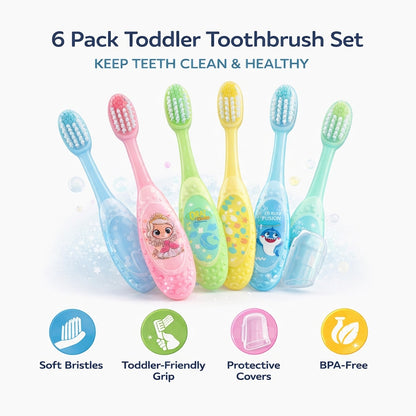 Set of six colorful toddler toothbrushes with branding on a white background