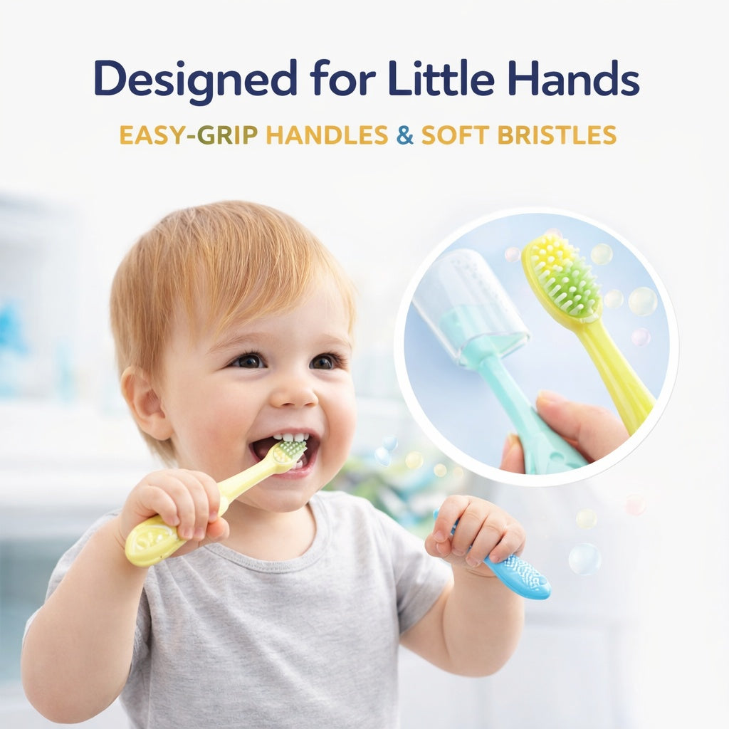 Child holding two toothbrushes with text 'Designed for Little Hands' and 'Easy-Grip Handles & Soft Bristles'.