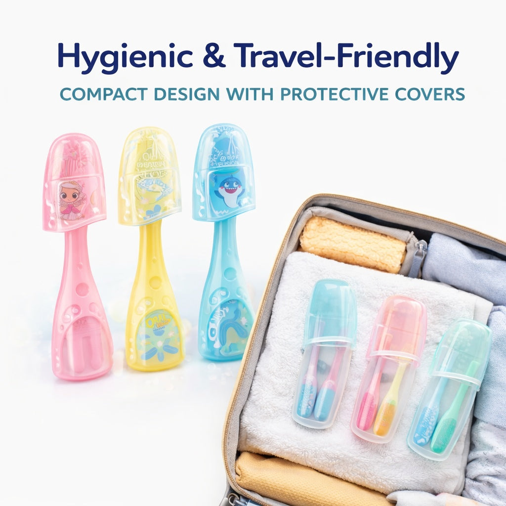 Colorful toothbrushes with protective covers and a suitcase on a white background