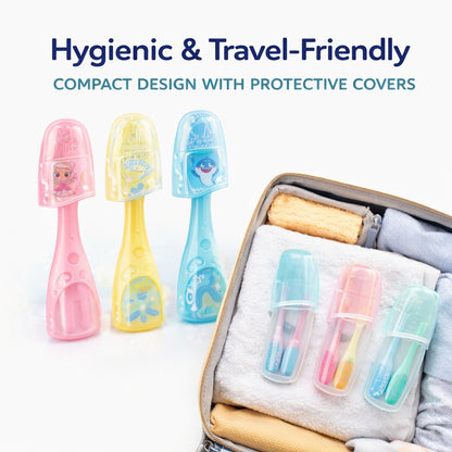 Colorful toothbrushes with protective covers and a suitcase on a white background