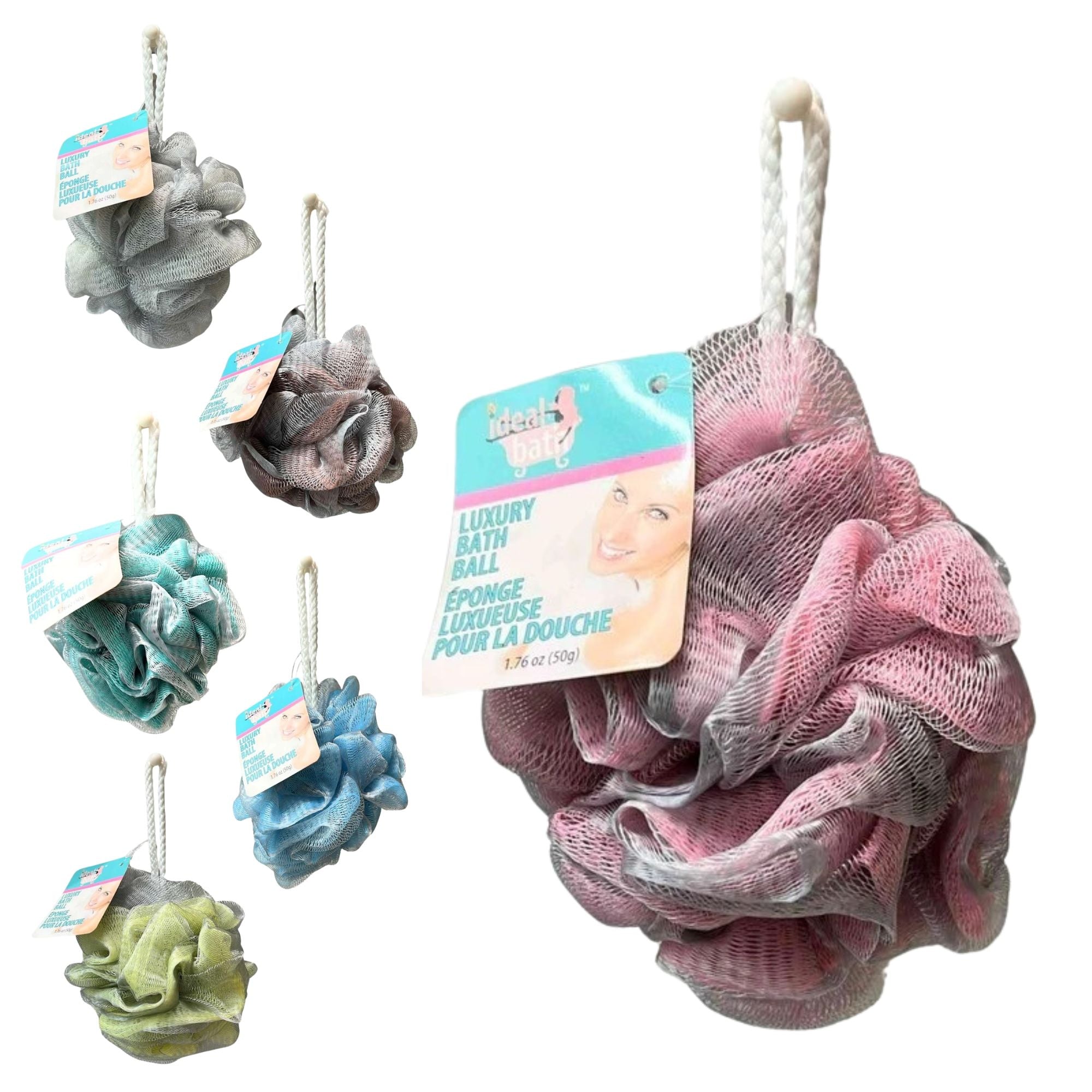 Set of bath scrubs with tags on a white background