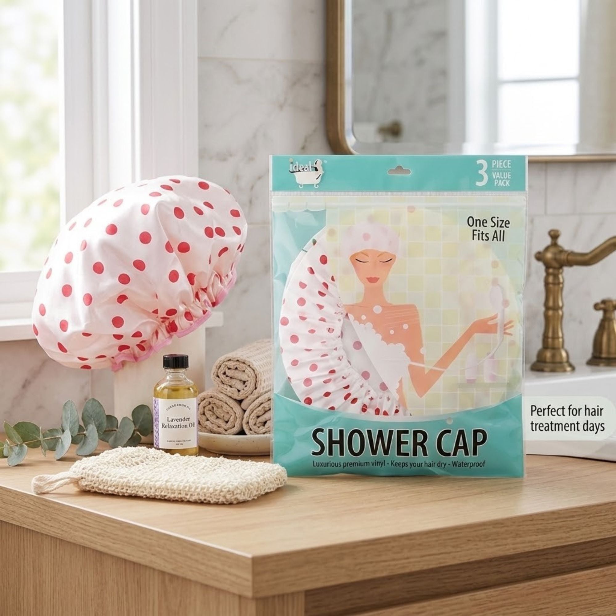 3 Pack Ideal Waterproof Bath & Shower Caps Bath Essential size and feature image