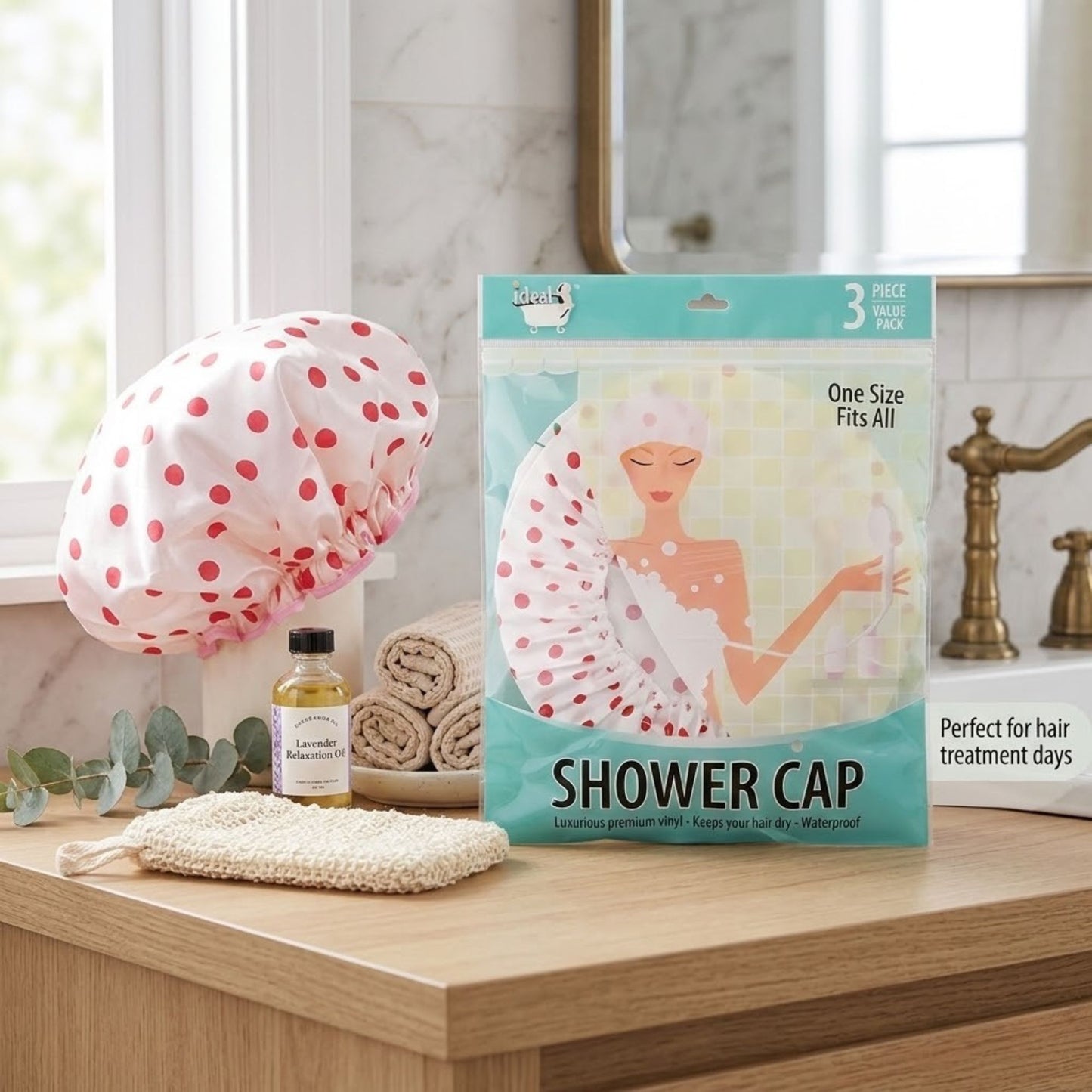 3 Pack Ideal Waterproof Bath & Shower Caps Bath Essential size and feature image