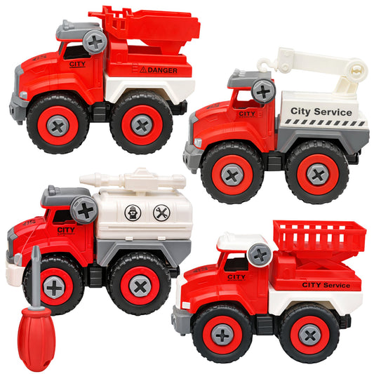 Set of toy construction trucks with red and gray colors on a white background