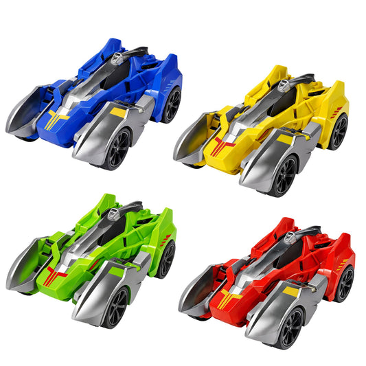 Four toy cars in blue, yellow, green, and red on a white background