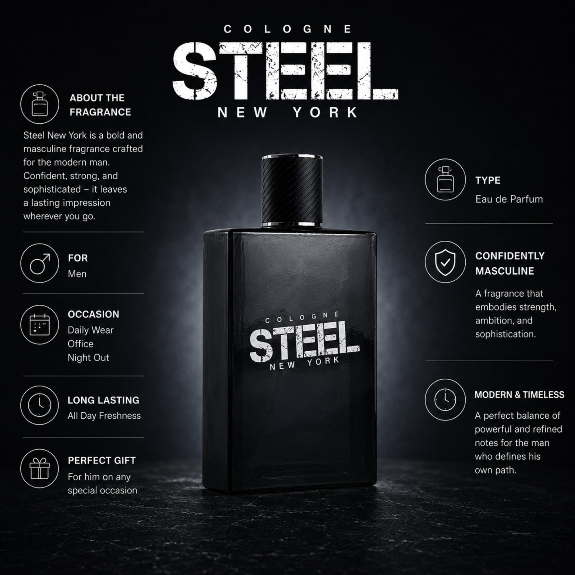 100ml Steel New York Pour Homme Men's Fragrance EDP Spray