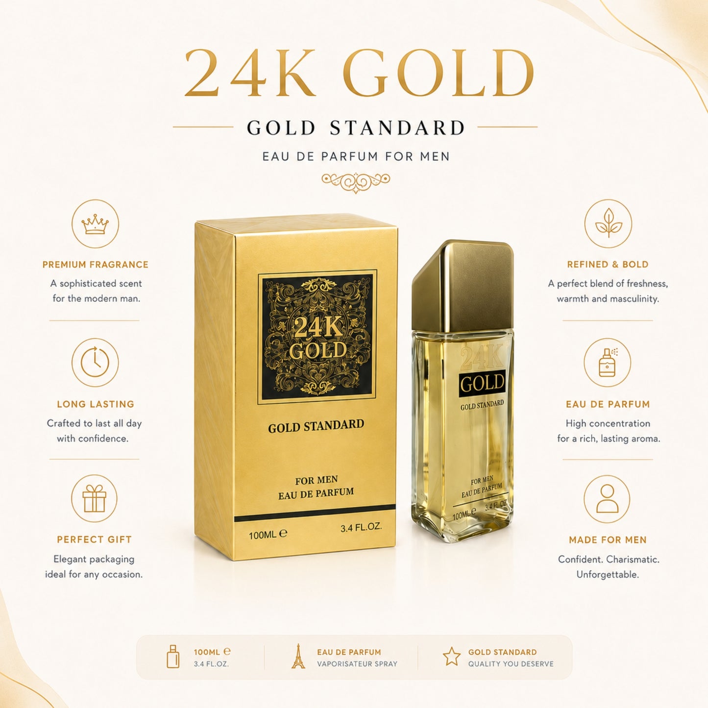 100ml 24K Gold Standard Men's Fragrance EDP Natural Spray
