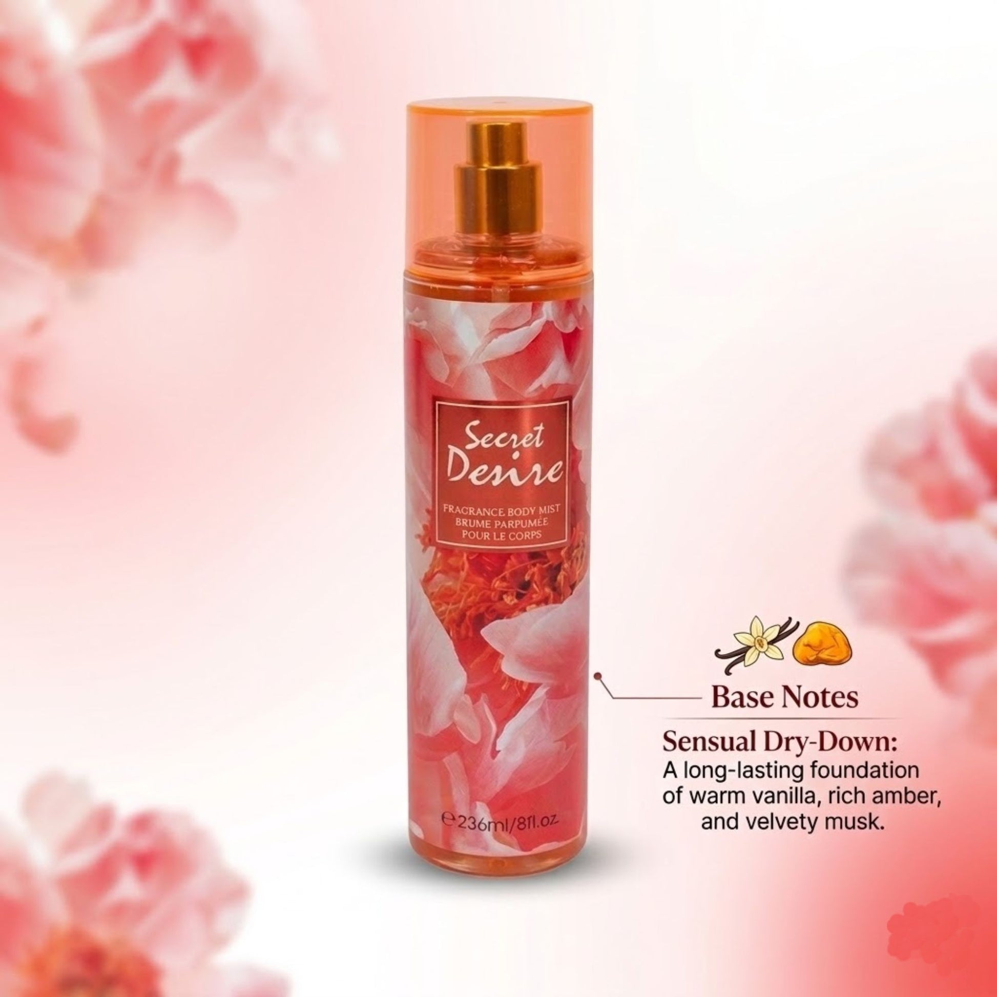 Enjoy hours of captivating aroma that enhances your daily confidencebu this Secret Desire Fragrance Body Mist Spray.