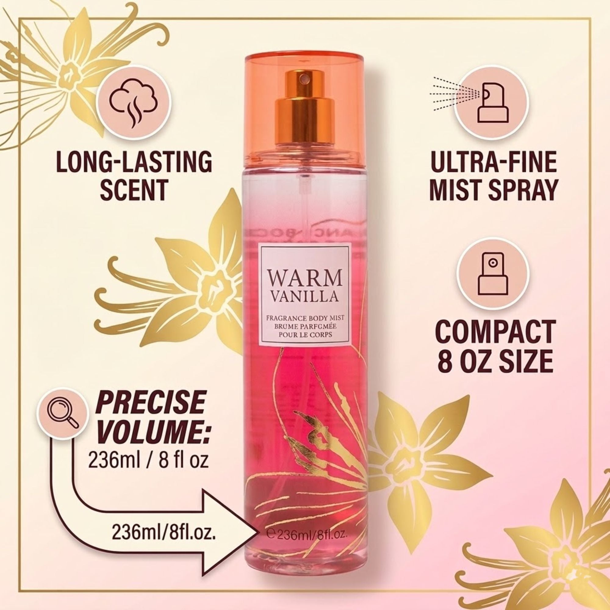 8oz Warm Vanilla Fragrance Women's Body Mist Spray product detail image
