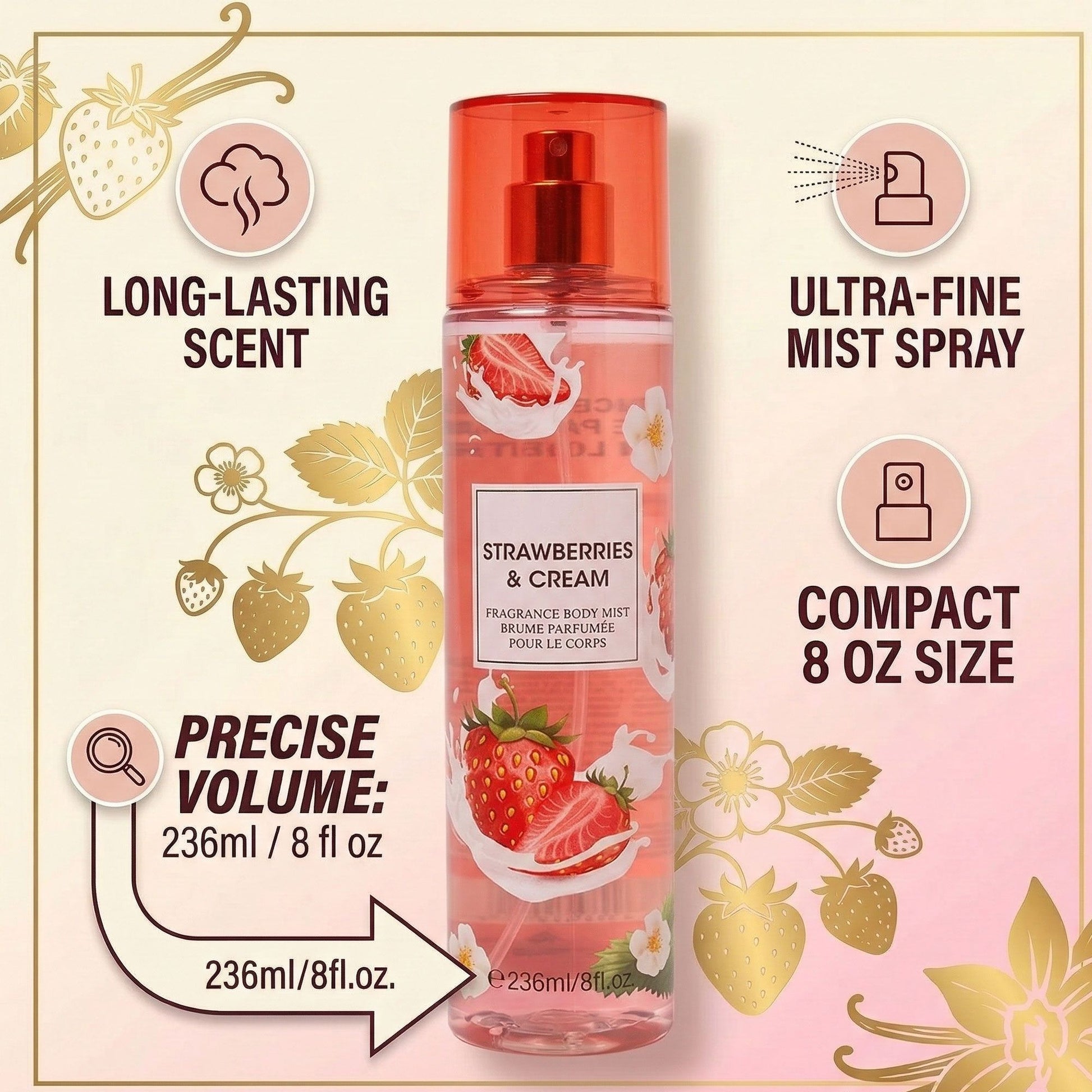 8oz Strawberries & Cream Fragrance Women's Body Mist Spray