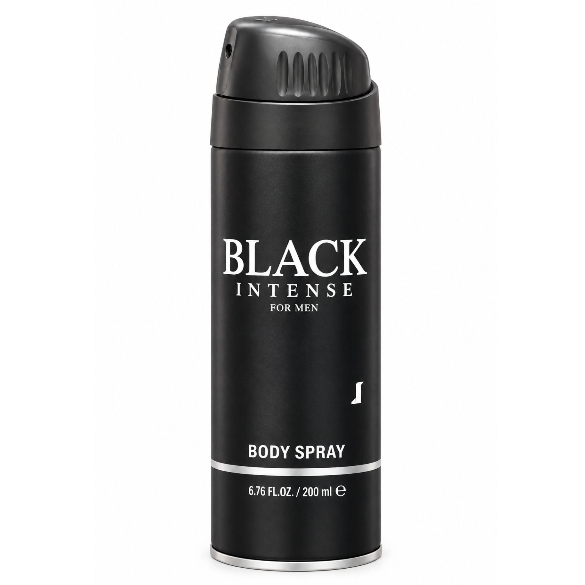 A black aerosol can of Black Intense Body Spray for men, featuring white text and a silver base, set against a plain white background.