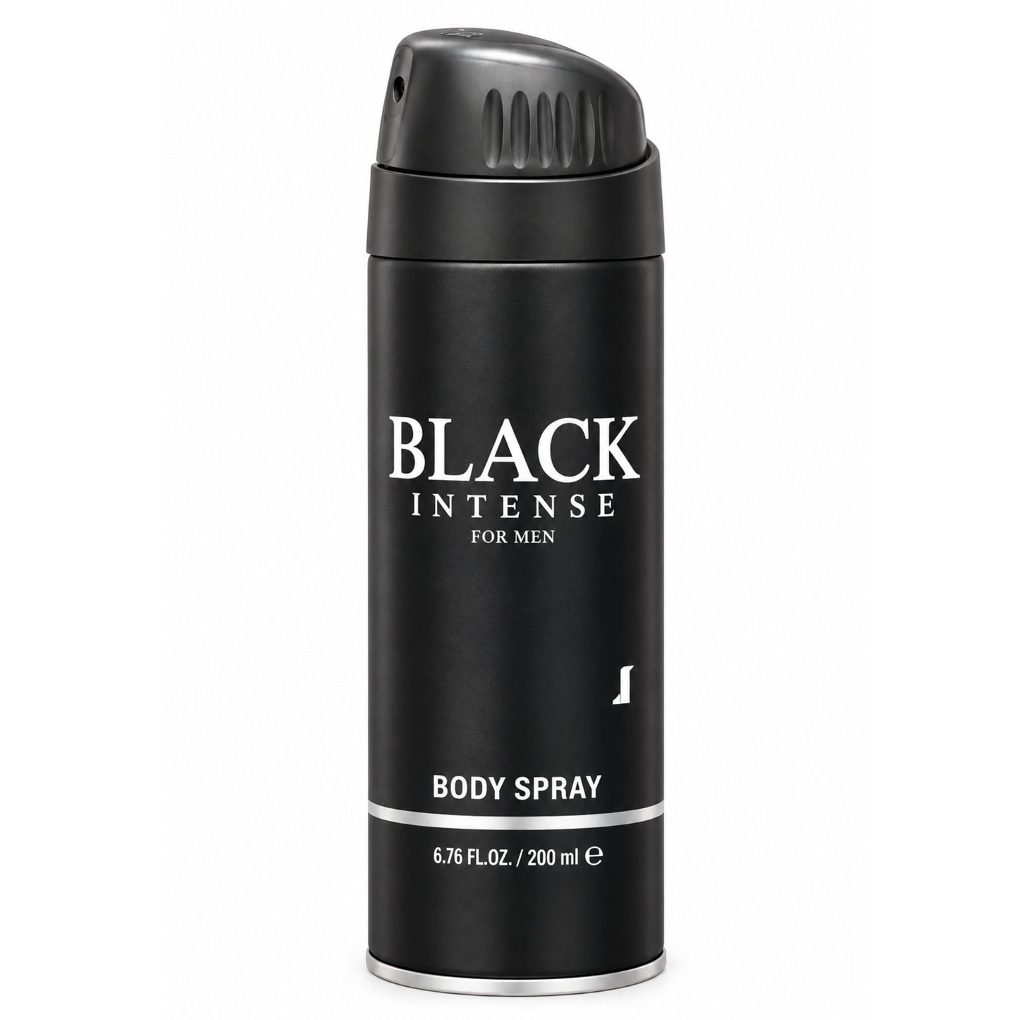 A black aerosol can of Black Intense Body Spray for men, featuring white text and a silver base, set against a plain white background.