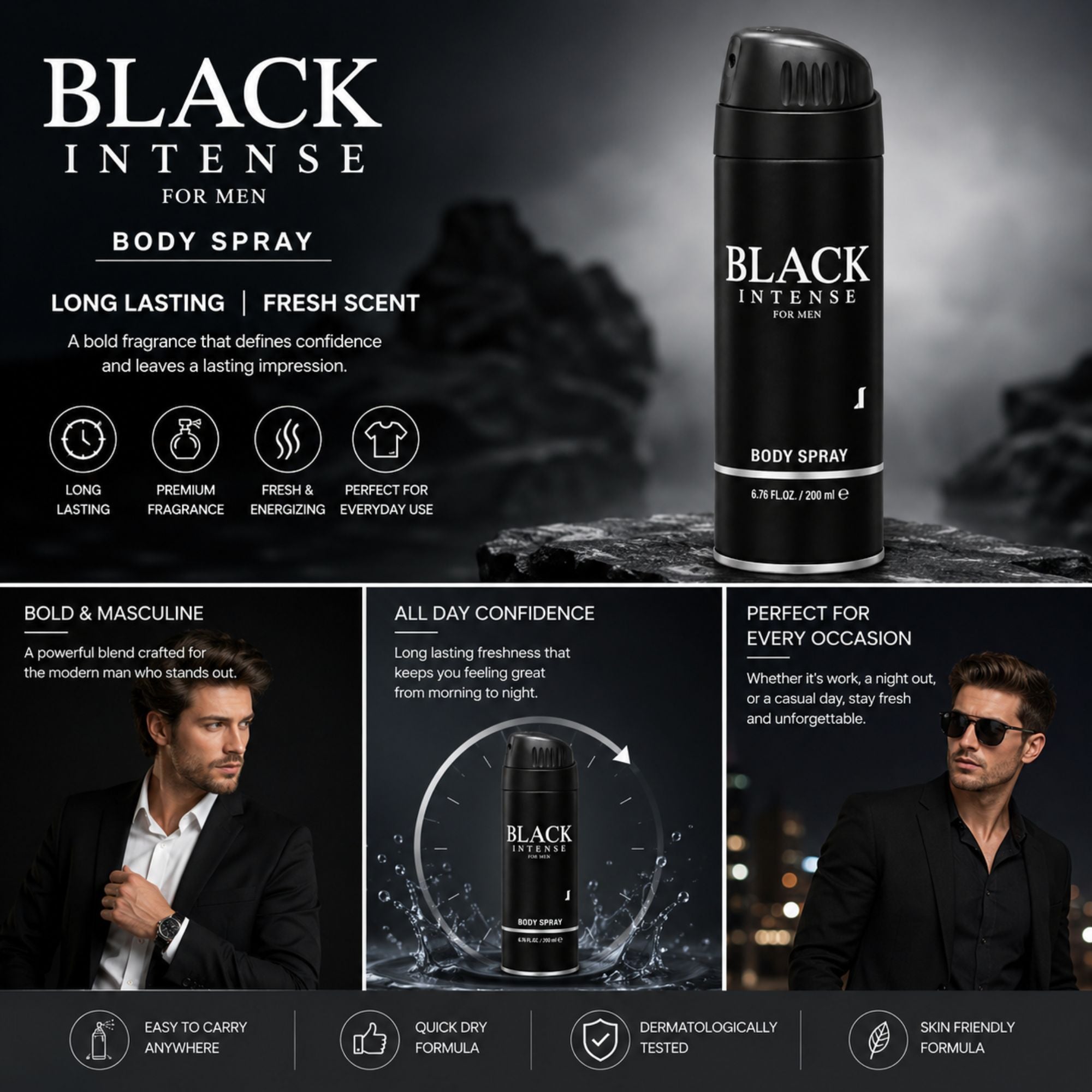 Black Intense Body Spray for men shown in a promotional graphic with a tall black aerosol can on the right and three feature panels below with text, icons, and two male models in suits.