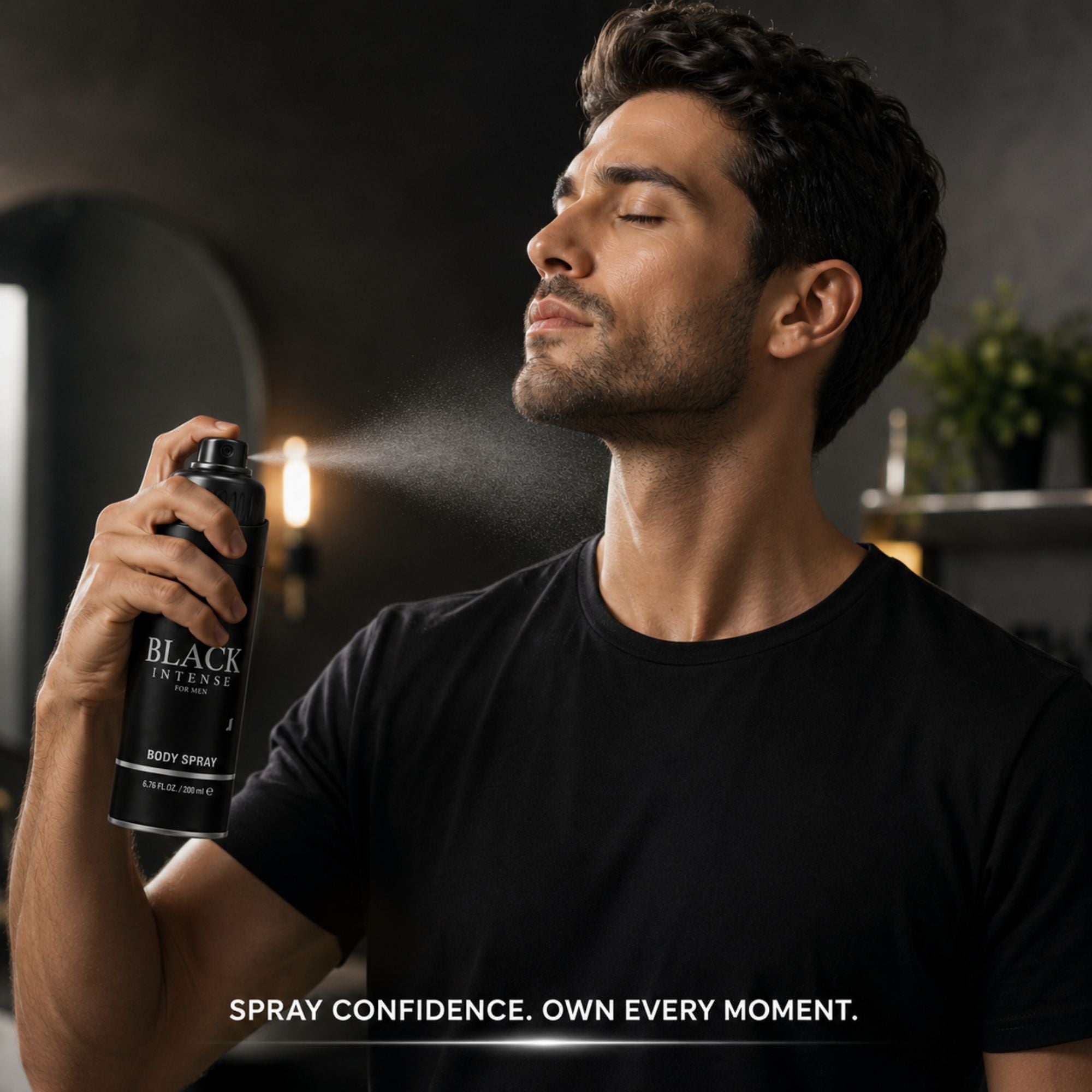 A man in a black t-shirt holds and sprays a can of Black Intense Body Spray, with mist visible in the air. The text 'SPRAY CONFIDENCE.