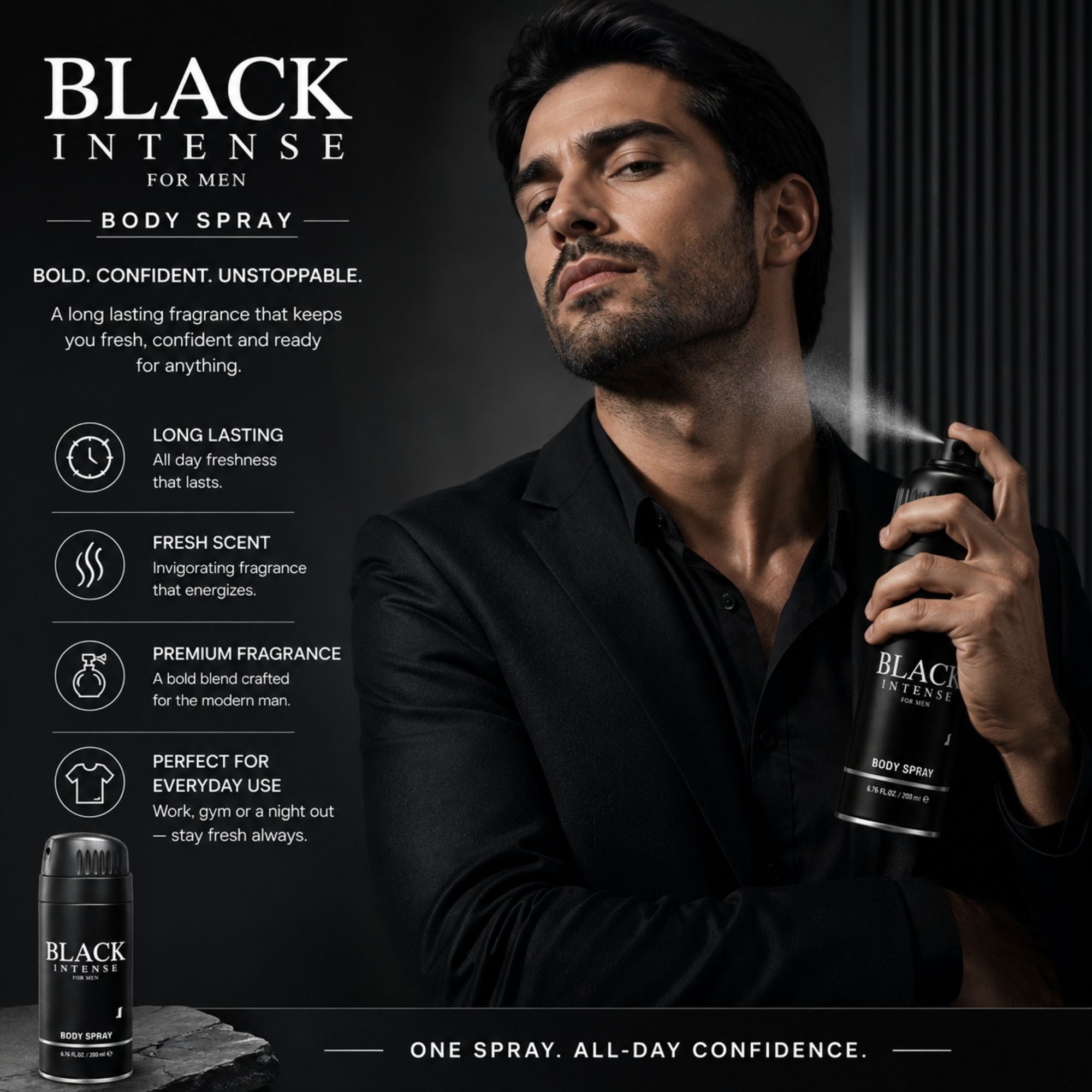 A man in a black shirt sprays BLACK INTENSE Body Spray from a black aerosol can. The ad includes product text, icons, and a smaller bottle at the lower left on a dark studio background.