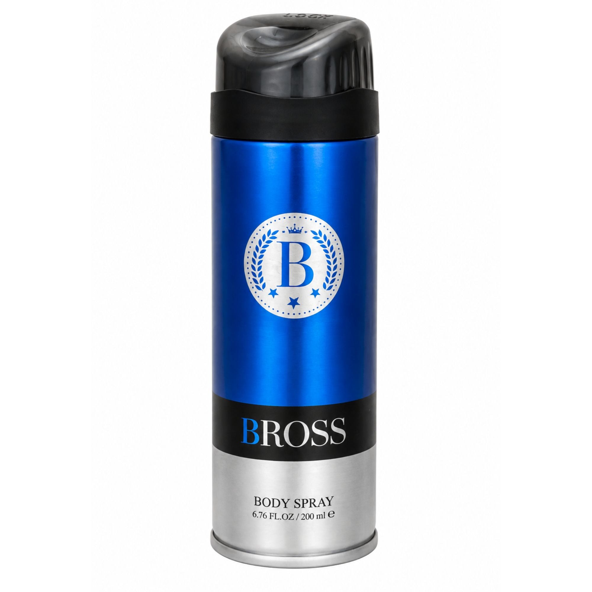 A can of Bross Body Spray in a metallic blue and silver design with a black cap, shown on a plain white background.