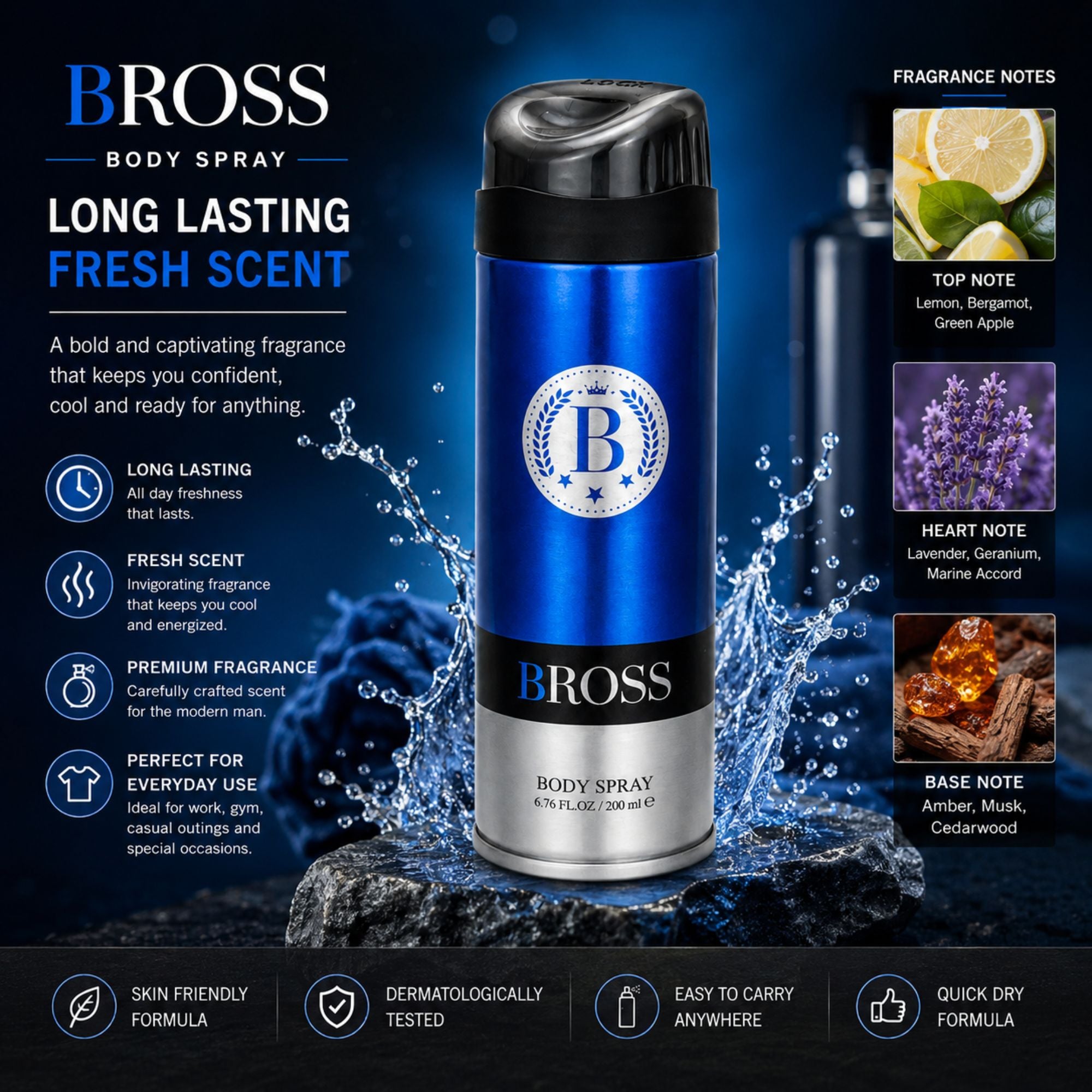 A Bross body spray canister in metallic blue and silver with a black cap, shown prominently in the center of a dark promotional graphic with water splash effects, fragrance notes, and feature callouts.