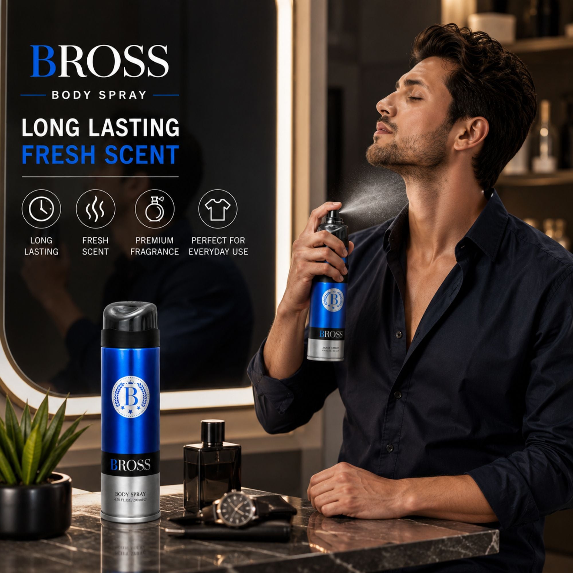 A man in a dark navy shirt sprays Bross Body Spray from a blue and silver aerosol can, standing in a modern bathroom setting. The product bottle is also shown on a marble counter next to a watch, a small plant, and a black bottle.