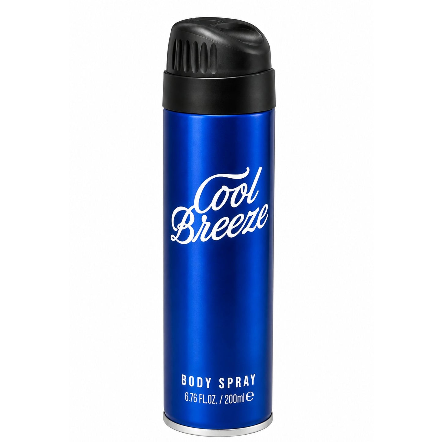 A blue aerosol can of Cool Breeze Body Spray with a black cap, shown on a plain white background.