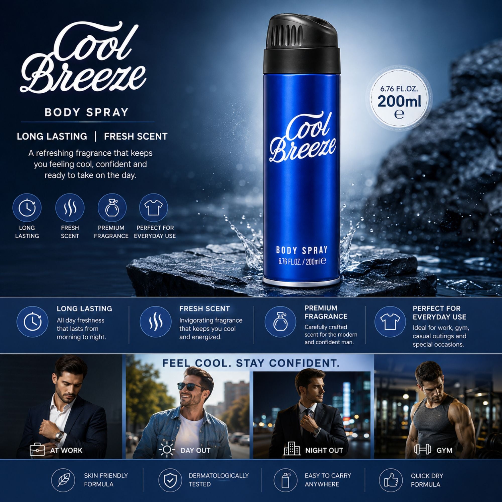Cool Breeze body spray bottle in a dark blue color with a black cap, shown on a dark, rocky background with promotional text and lifestyle photos of men using the product.