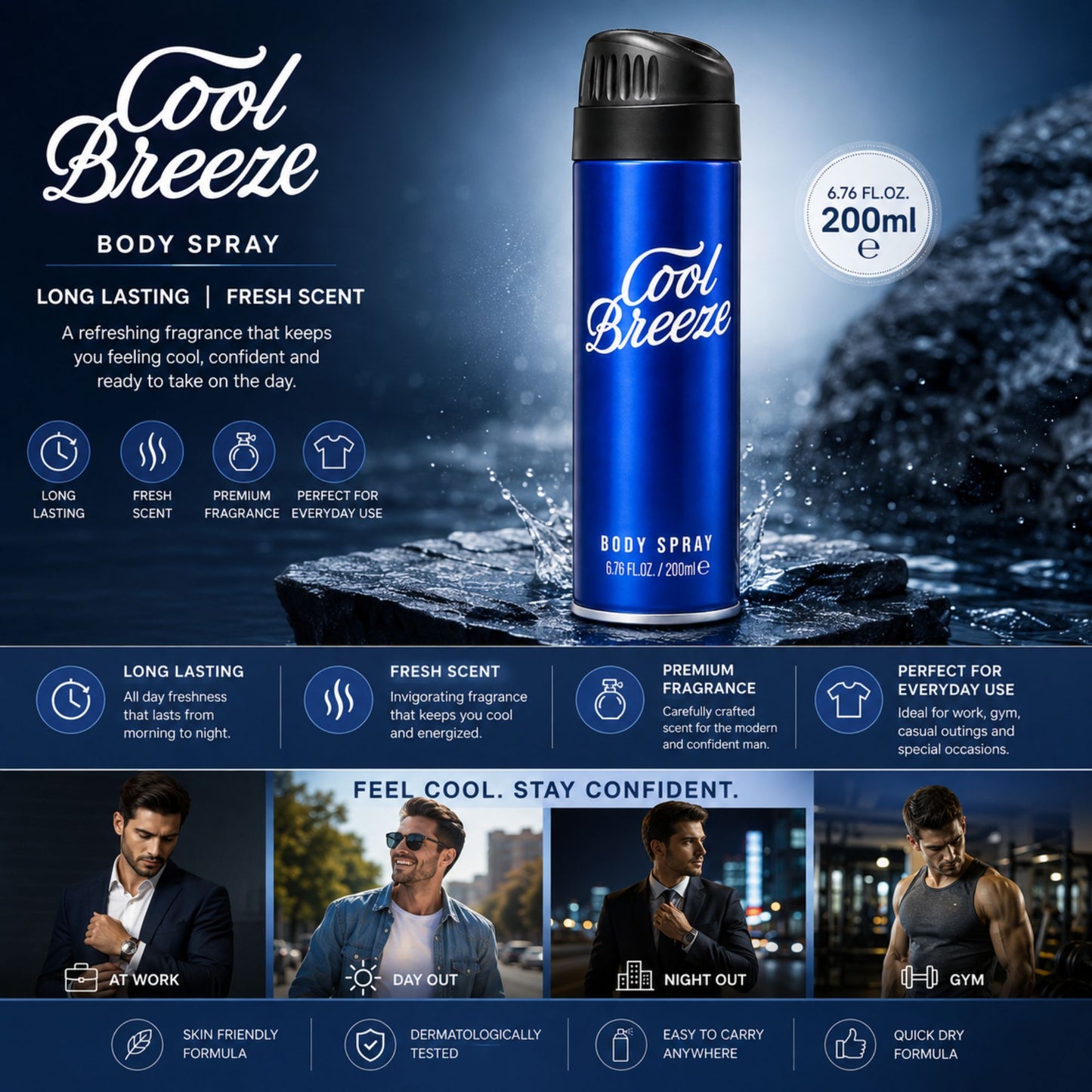 Cool Breeze body spray bottle in a dark blue color with a black cap, shown on a dark, rocky background with promotional text and lifestyle photos of men using the product.