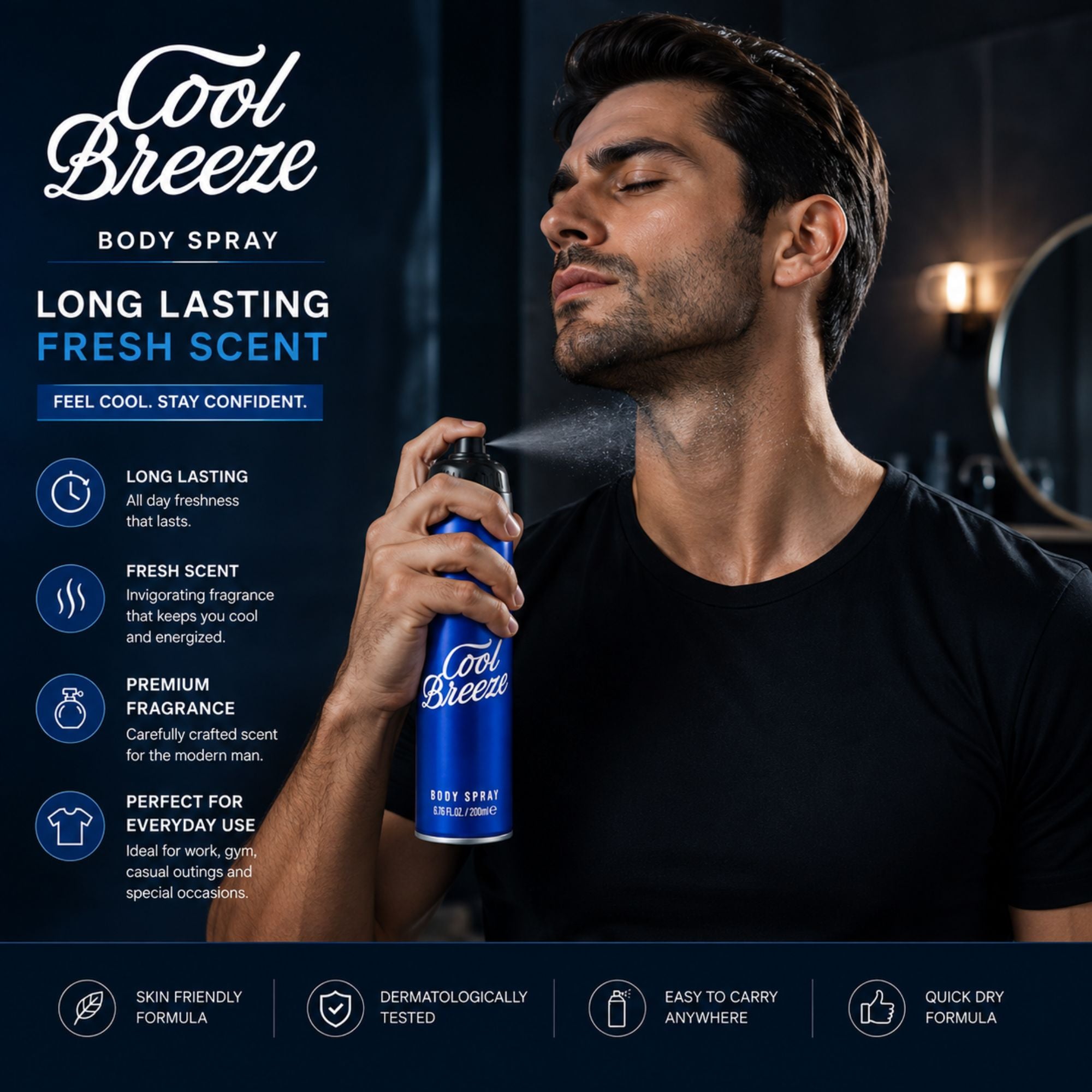 A man in a black t-shirt sprays Cool Breeze body spray from a blue aerosol can in a dimly lit bathroom setting. The left side of the image features a dark blue graphic banner with product features and benefits, and the brand name 'Cool Breeze' is prominently displayed at the top.