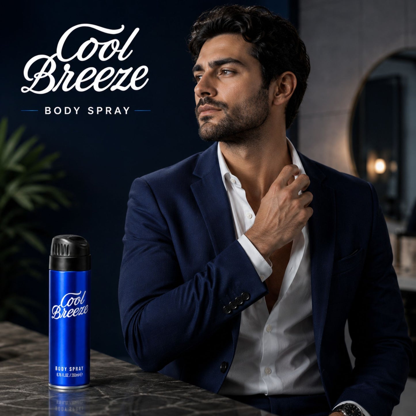 A man in a navy blazer and white shirt stands indoors near a counter, with a blue aerosol can labeled Cool Breeze Body Spray placed beside him. The background is a dimly lit interior with a mirror and warm light.