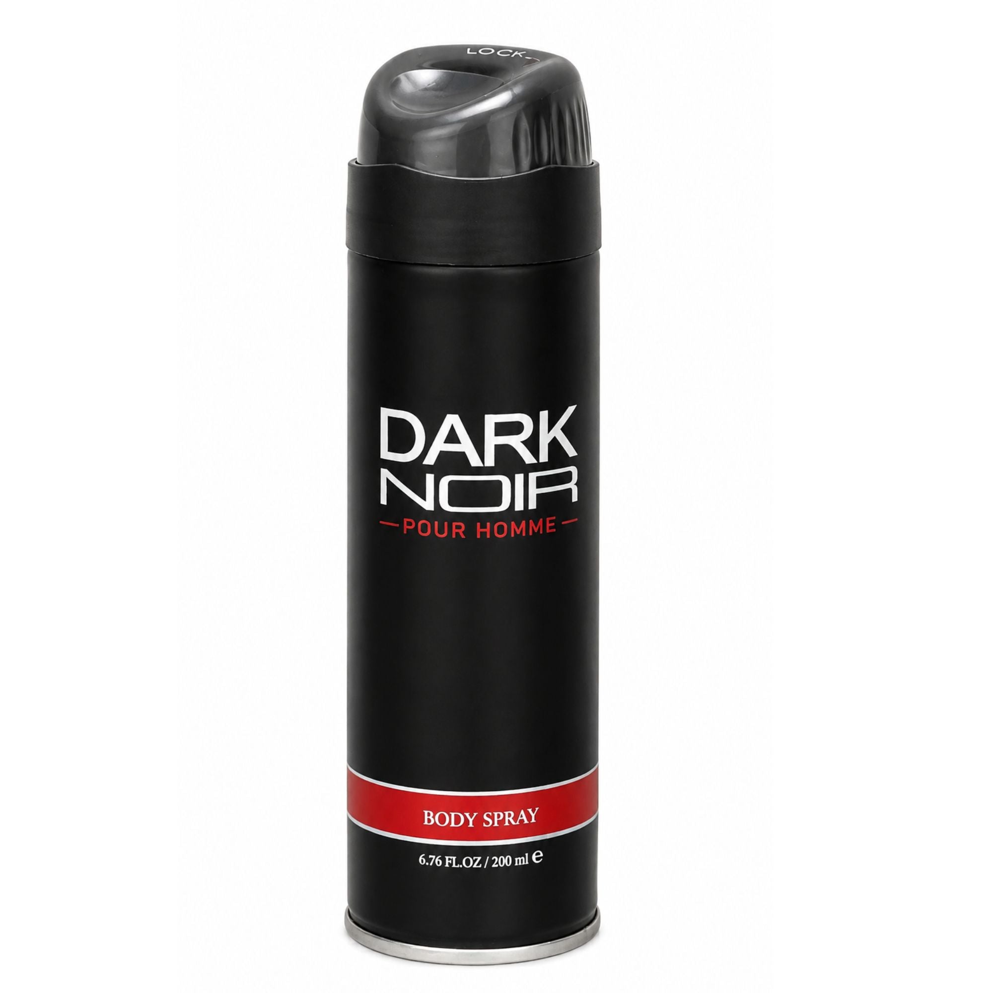 A black aerosol can of Dark Noir Pour Homme Body Spray on a plain white background. The can features a black cap, white text for the brand name, and a red band near the bottom with the words 'BODY SPRAY'.